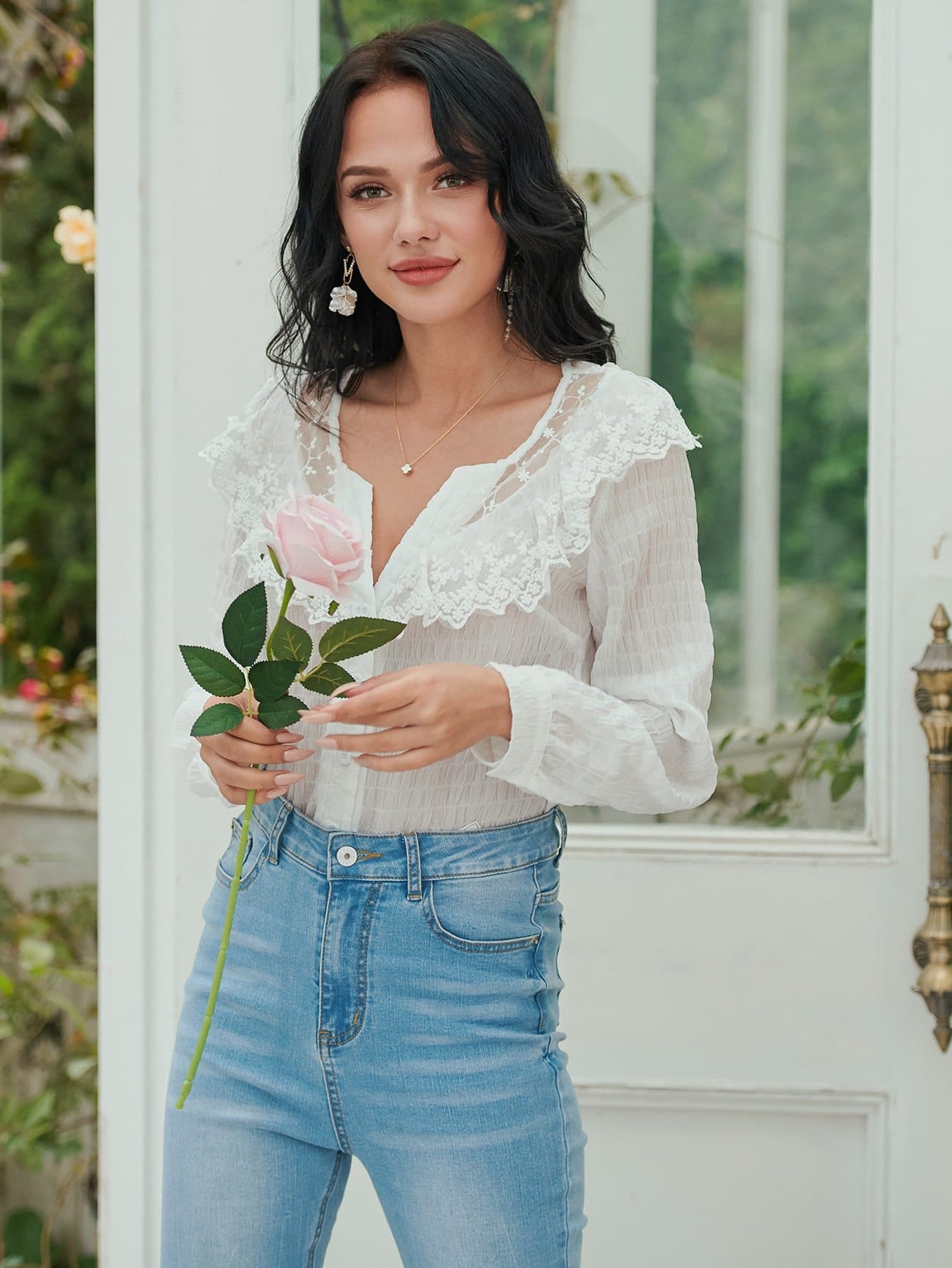 Notched Lace Panel Button Front Boho Top