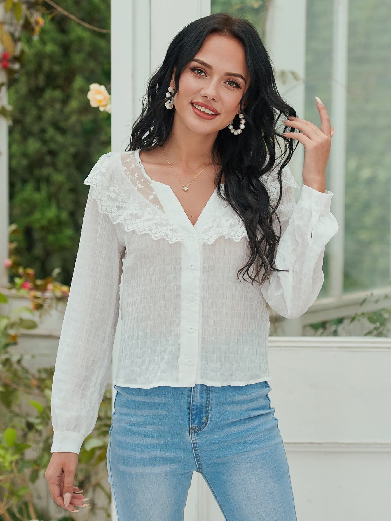 Notched Lace Panel Button Front Boho Top