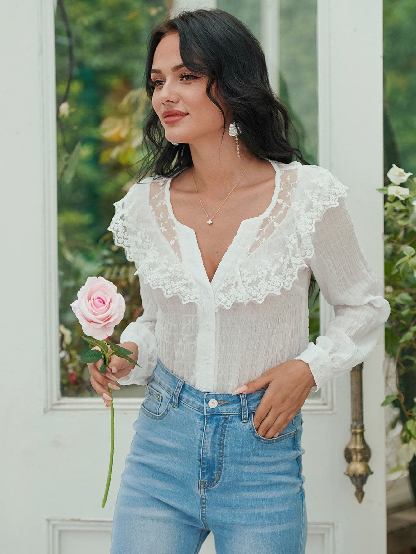 Notched Lace Panel Button Front Boho Top