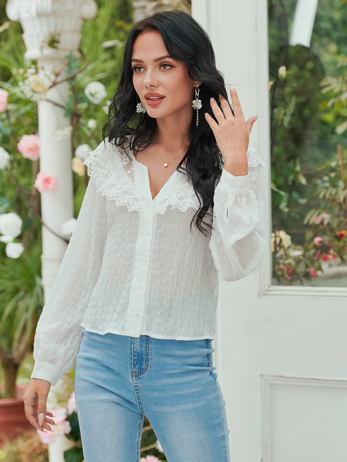 Notched Lace Panel Button Front Boho Top