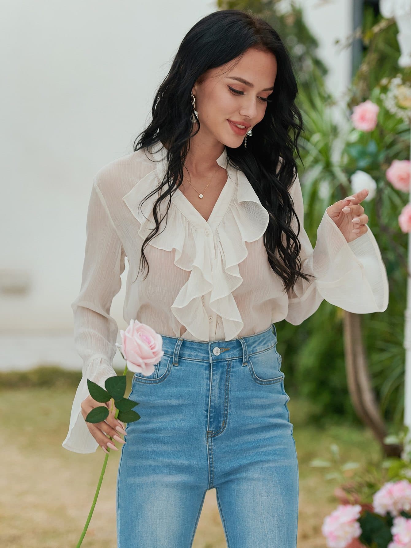 Notched Neckline Ruffle Trim Button Up Chiffon Top Shirt