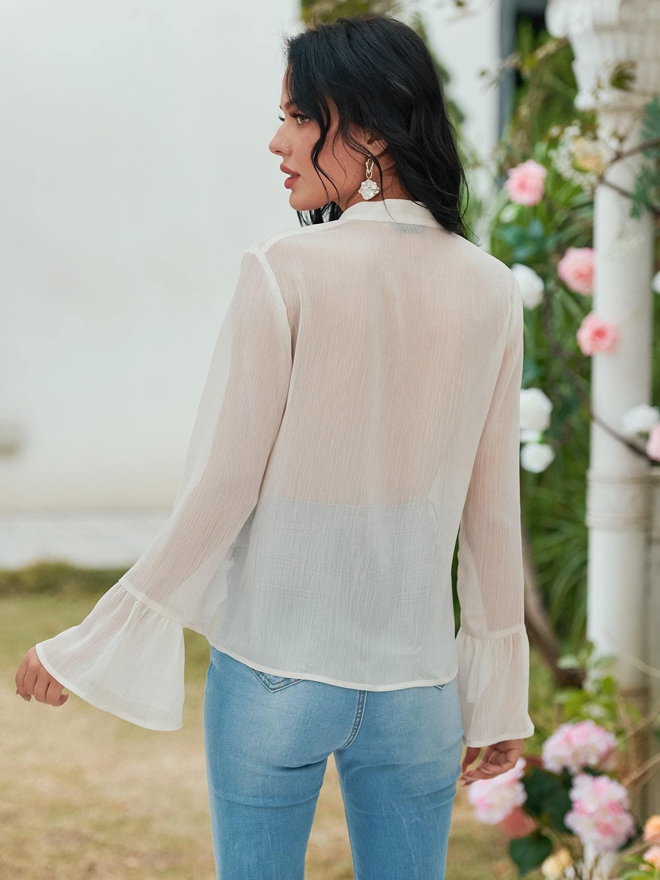 Notched Neckline Ruffle Trim Button Up Chiffon Top Shirt