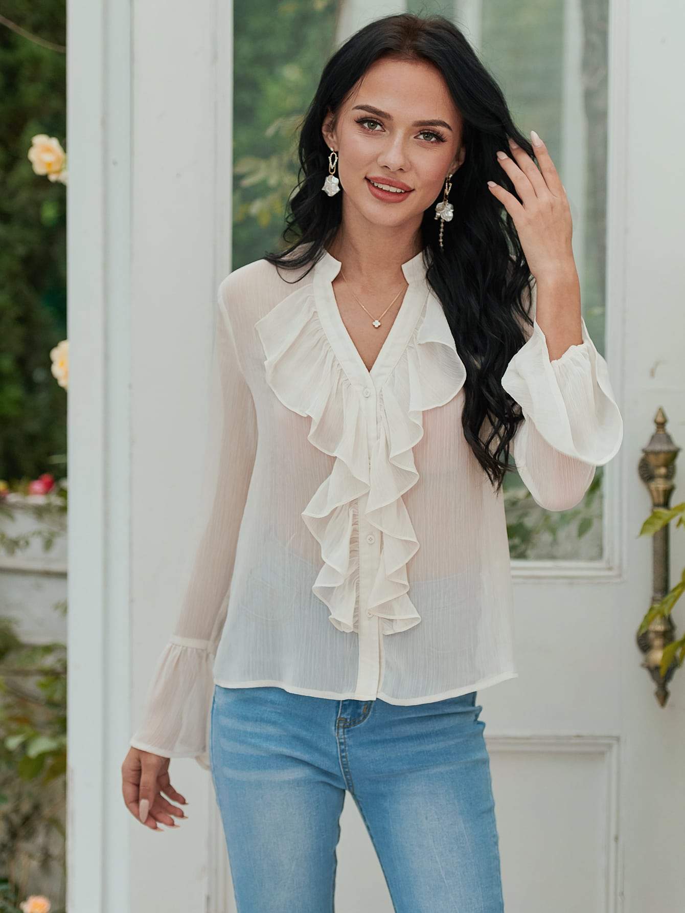 Notched Neckline Ruffle Trim Button Up Chiffon Top Shirt