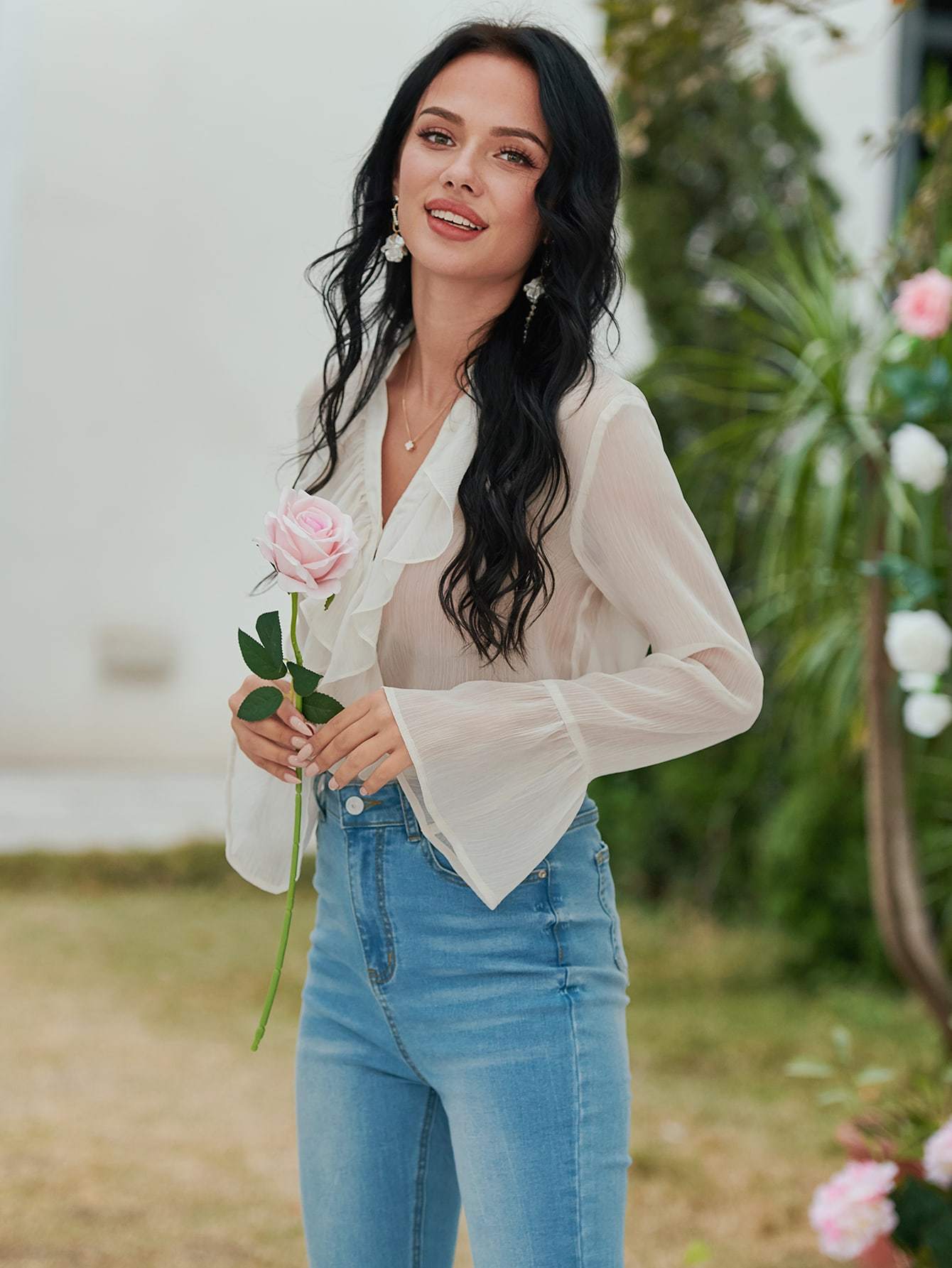 Notched Neckline Ruffle Trim Button Up Chiffon Top Shirt