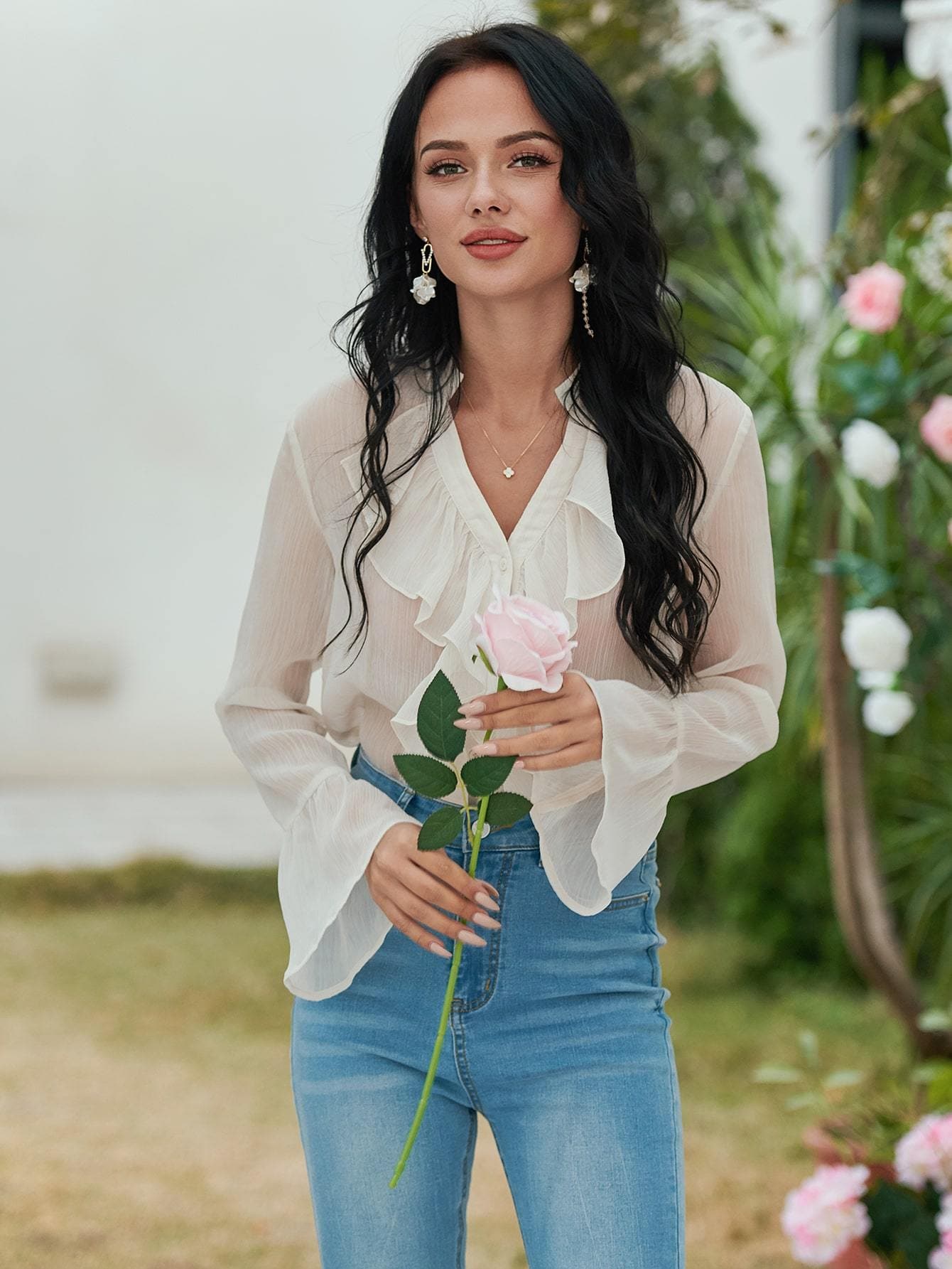 Notched Neckline Ruffle Trim Button Up Chiffon Top Shirt