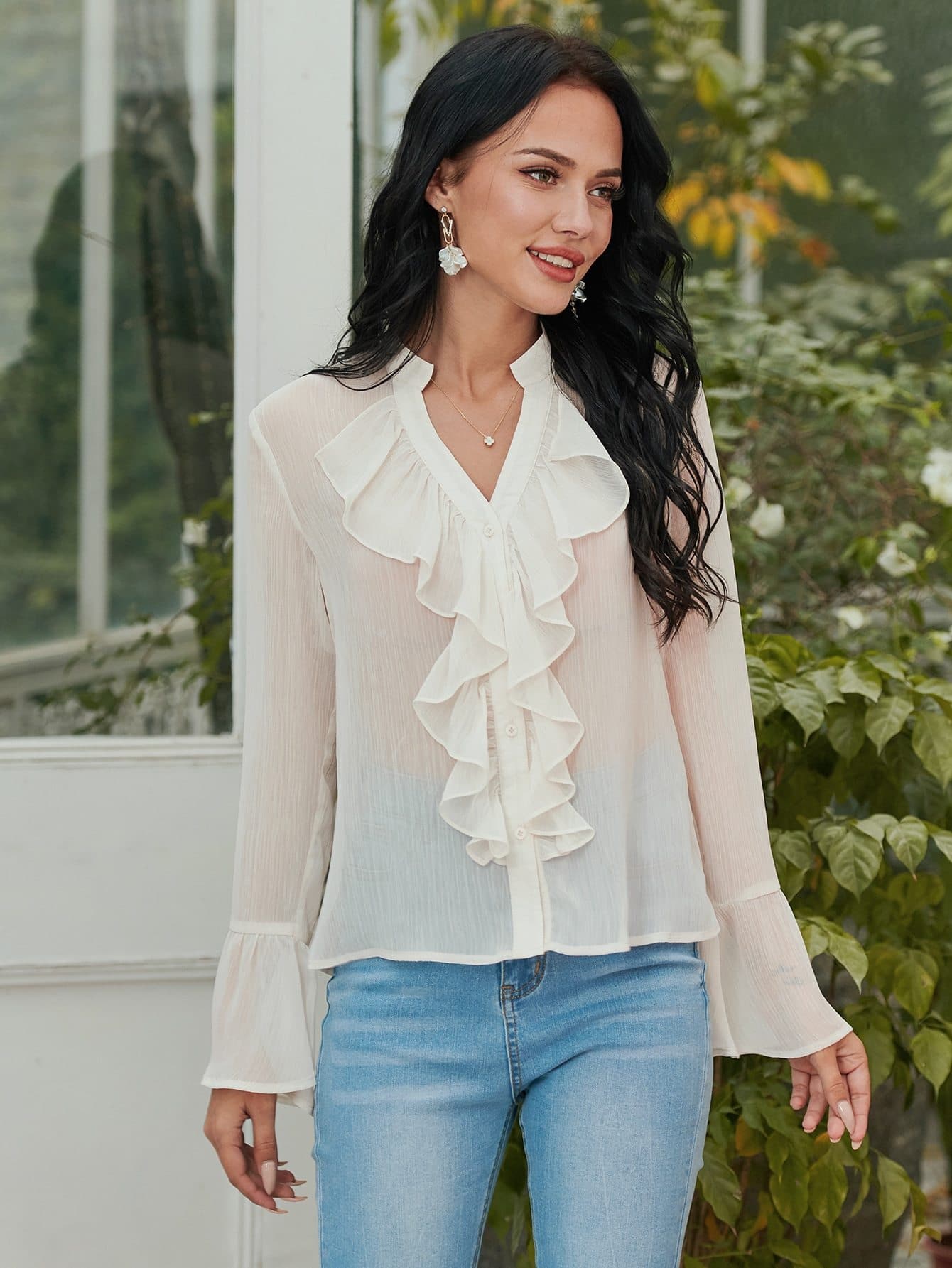 Notched Neckline Ruffle Trim Button Up Chiffon Top Shirt