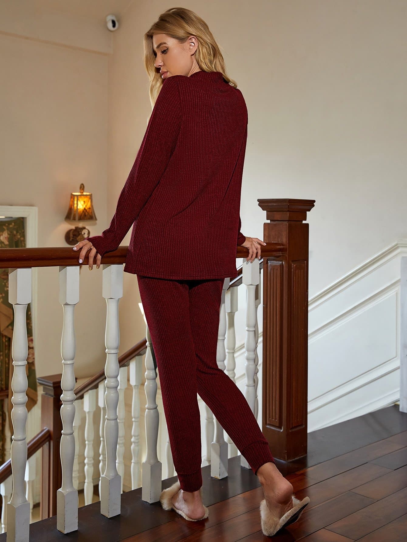 Stand Collar Solid Mock Neck Ribbed Lounge Sleepwear Set