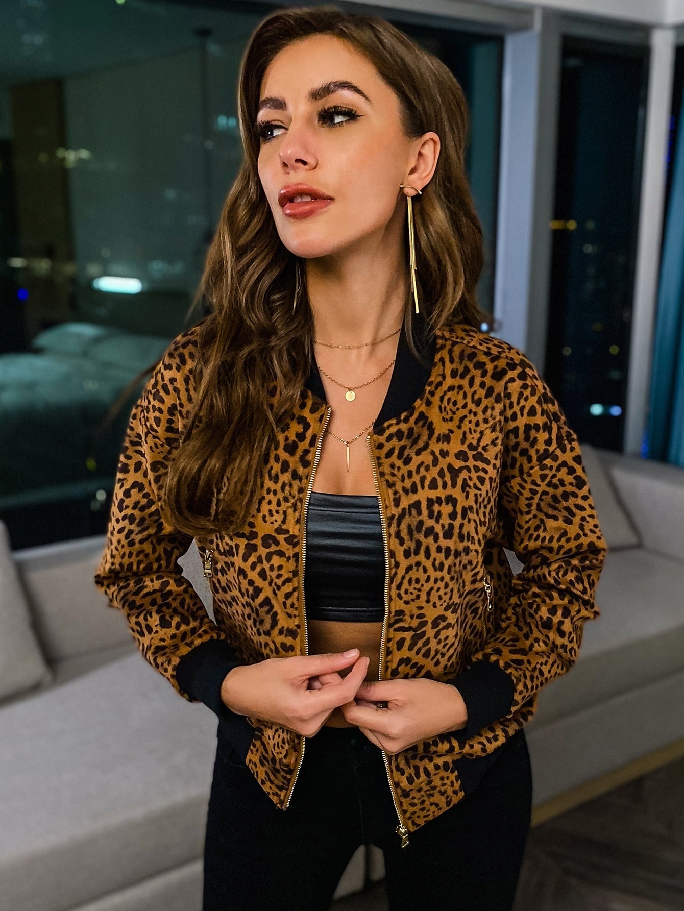Drop Shoulder Zip Up Suede Bomber Jacket
