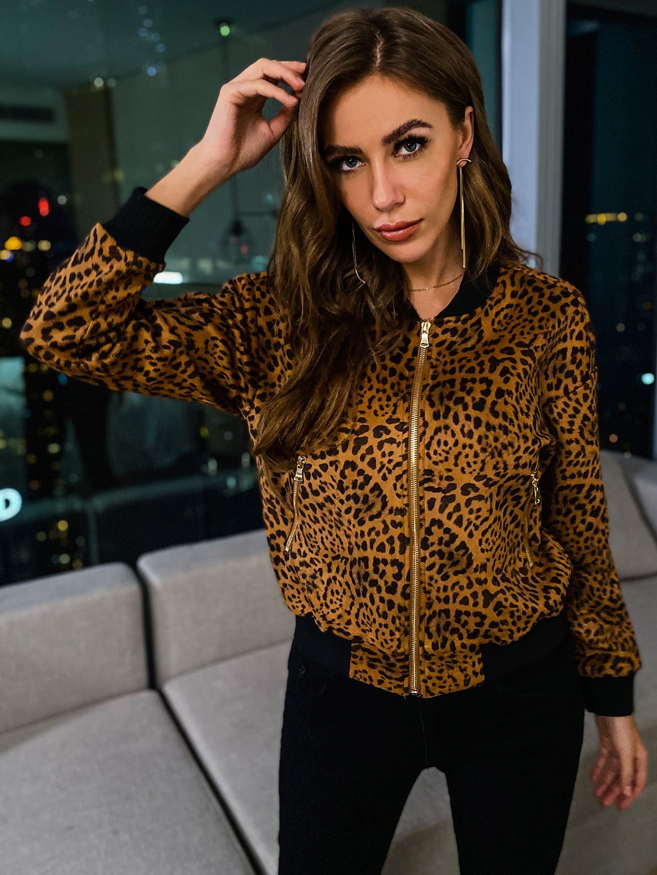 Drop Shoulder Zip Up Suede Bomber Jacket