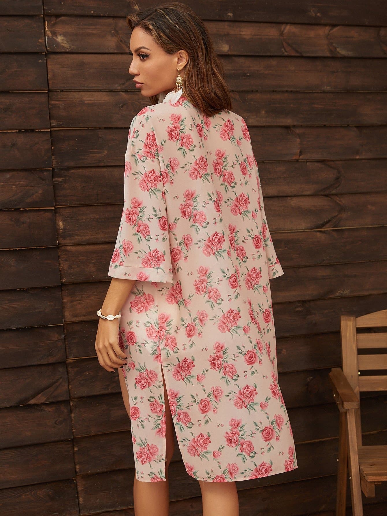 Three Quarter Print Slit Hem Floral Print Kimono
