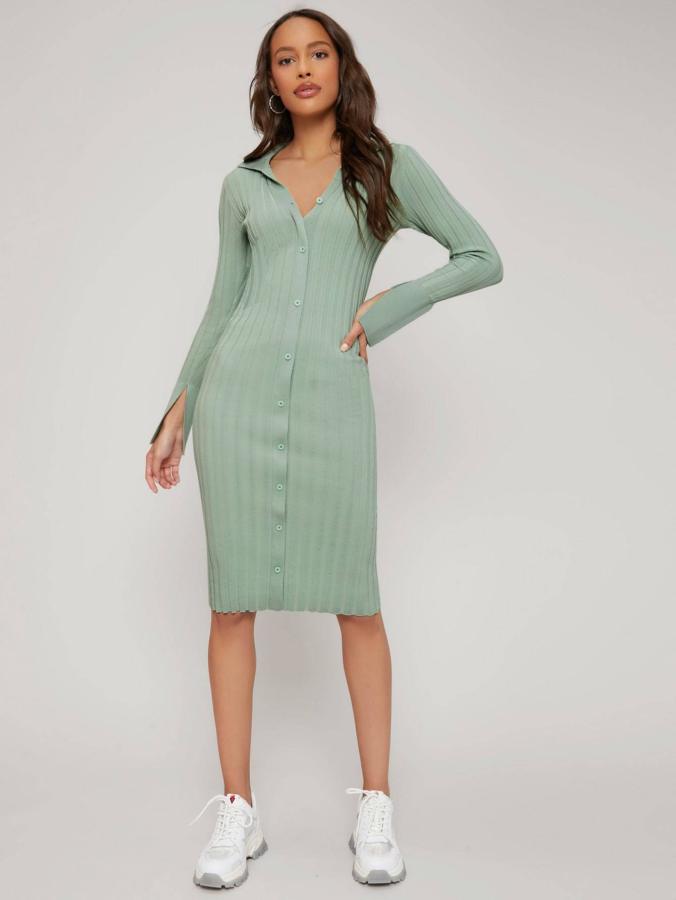 Split Sleeve Button Front Rib-Knit Viscose Slim Fit Sweater Dress