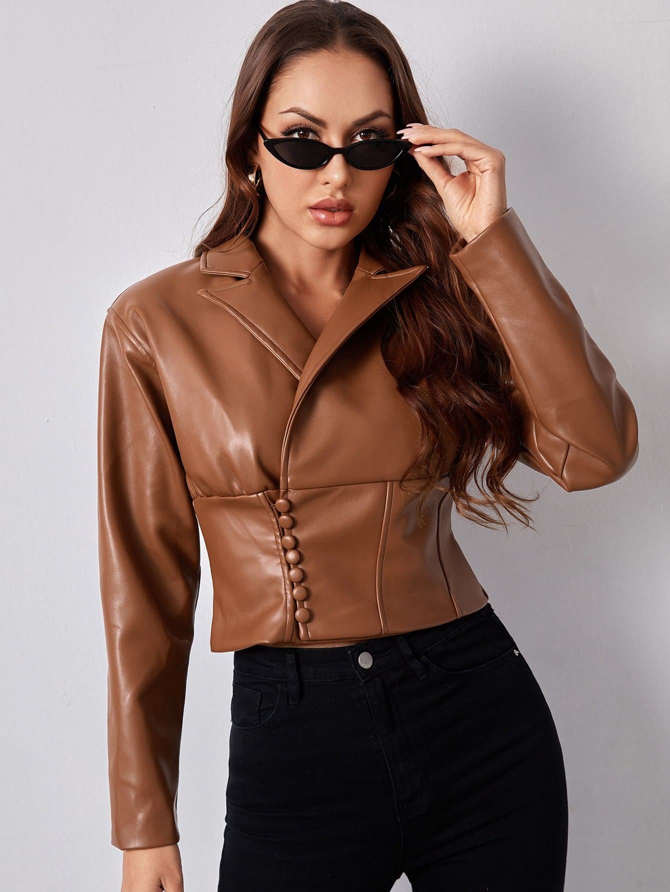 Single Breasted Peak Collar Covered Button Front PU Leather Jacket