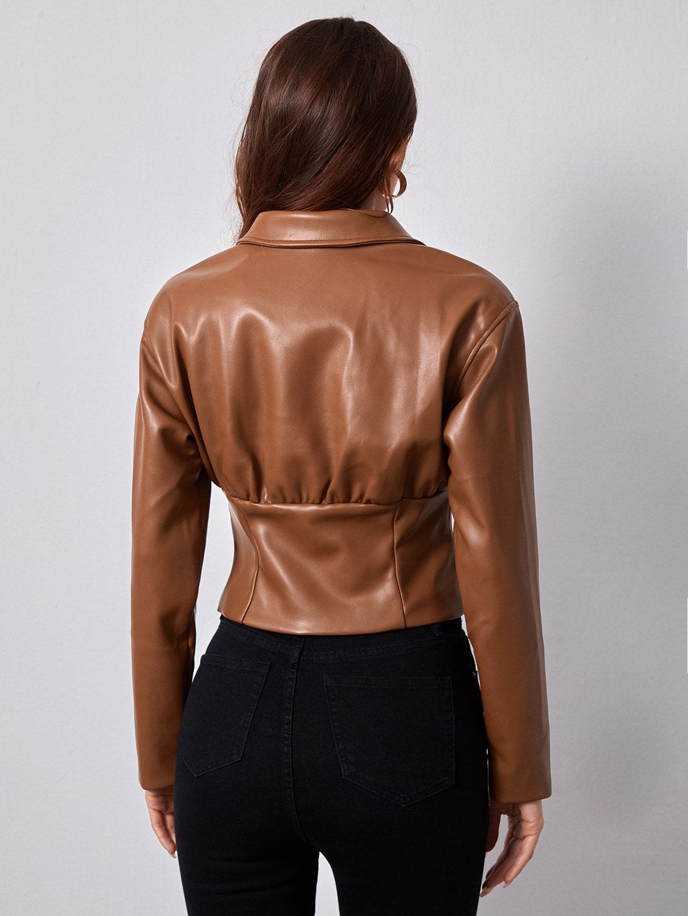 Single Breasted Peak Collar Covered Button Front PU Leather Jacket