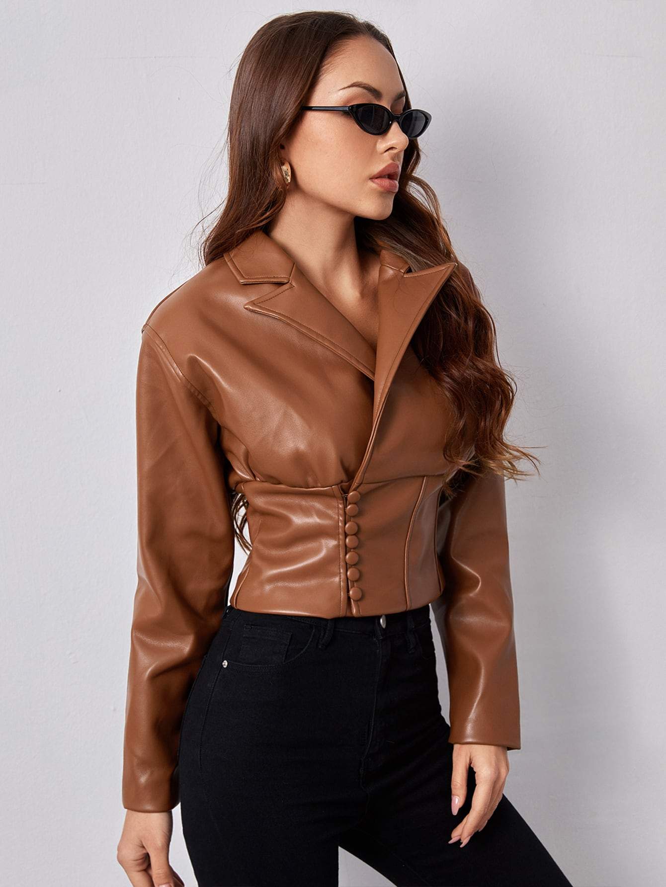 Single Breasted Peak Collar Covered Button Front PU Leather Jacket