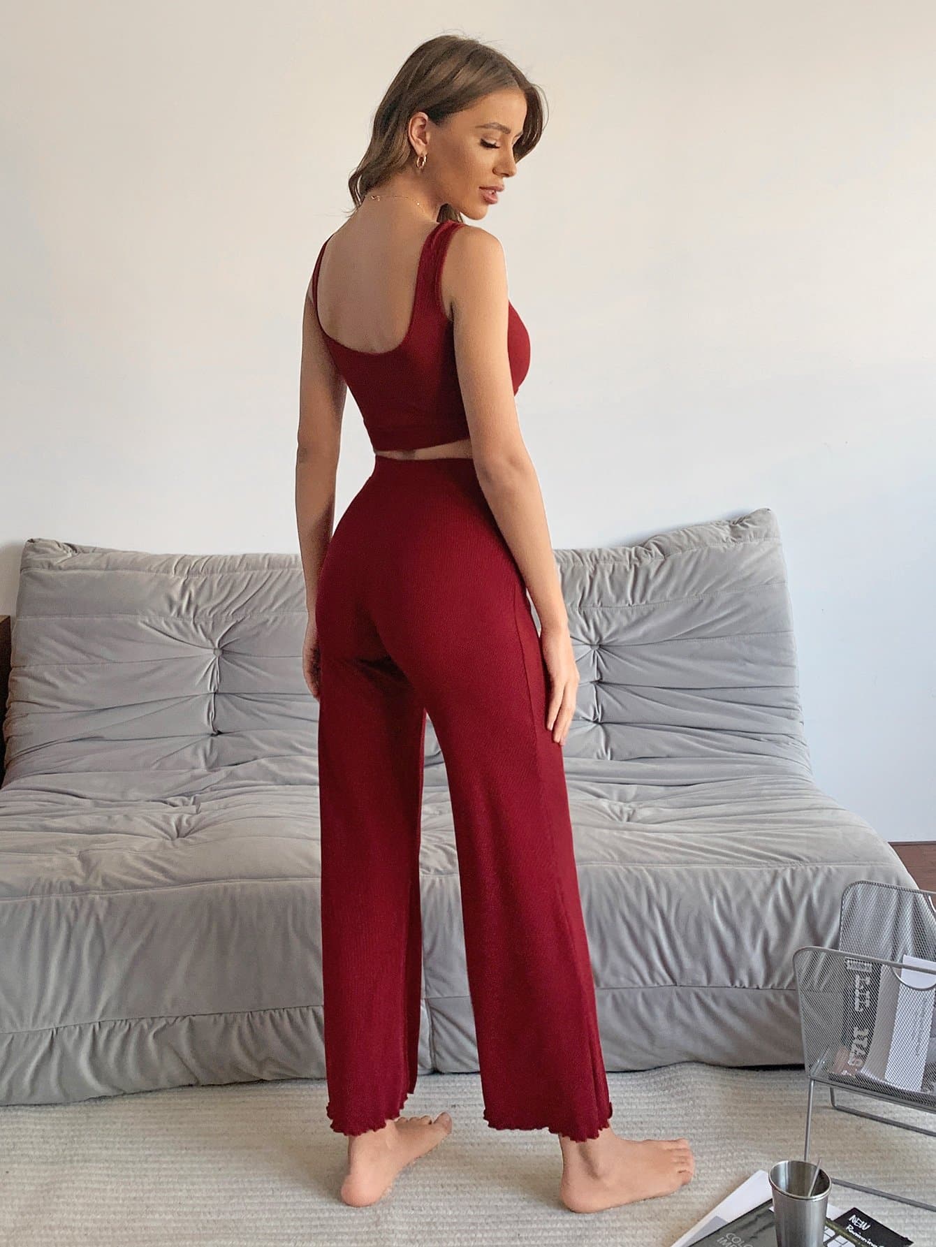 Burgundy Scoop Neck Solid Tank Top and Trousers Lounge Sleepwear Set