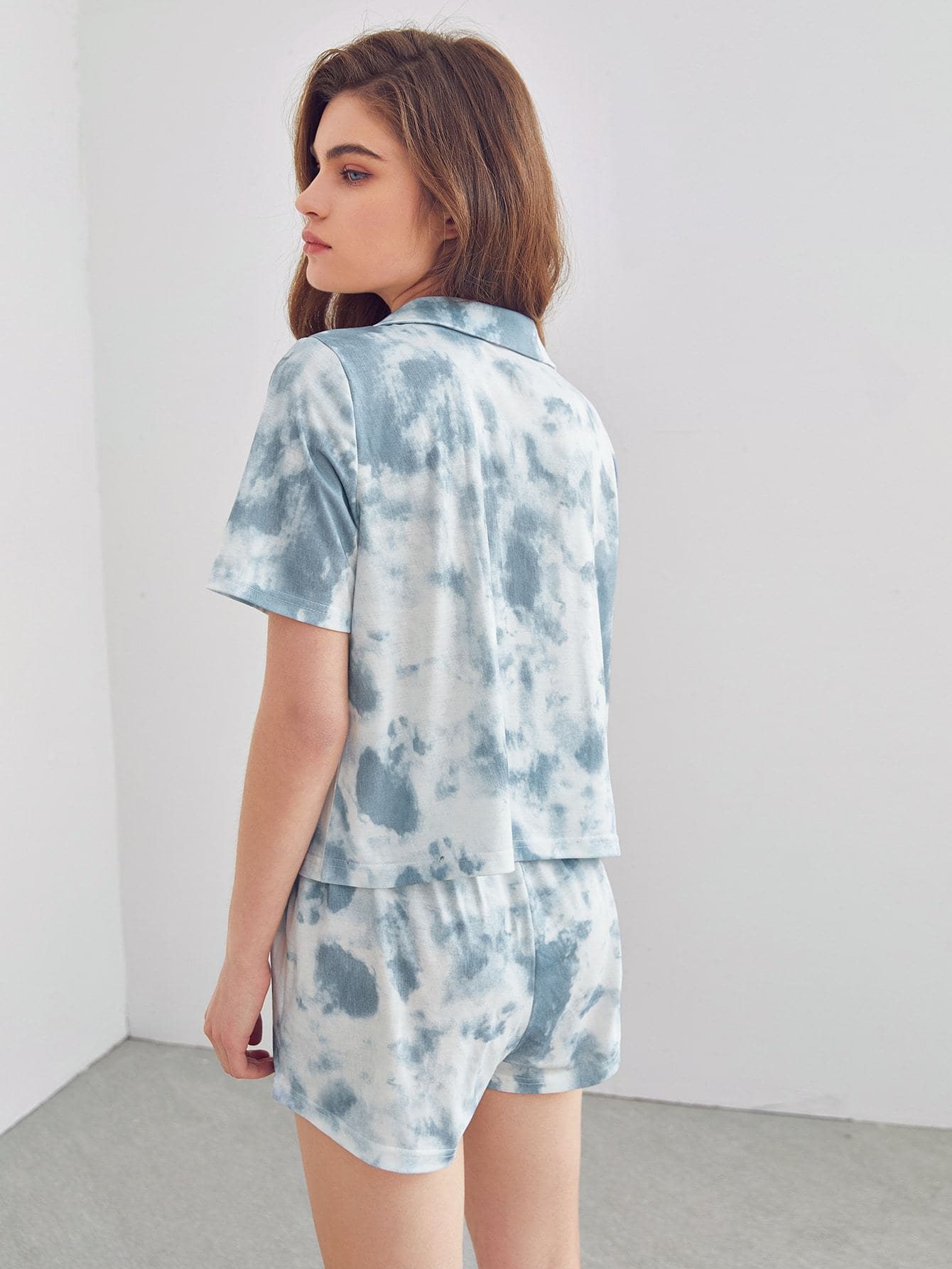 Blue White Tie Dye Button Front Lapel Neck Pyjama Sleepwear Set