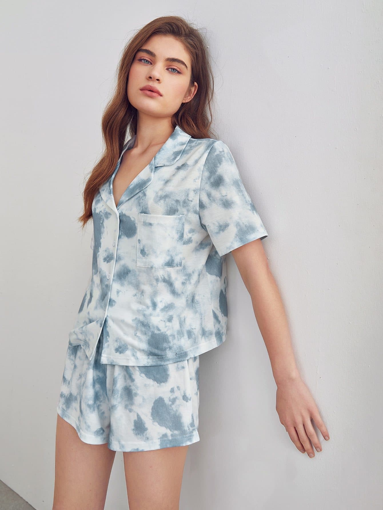 Blue White Tie Dye Button Front Lapel Neck Pyjama Sleepwear Set