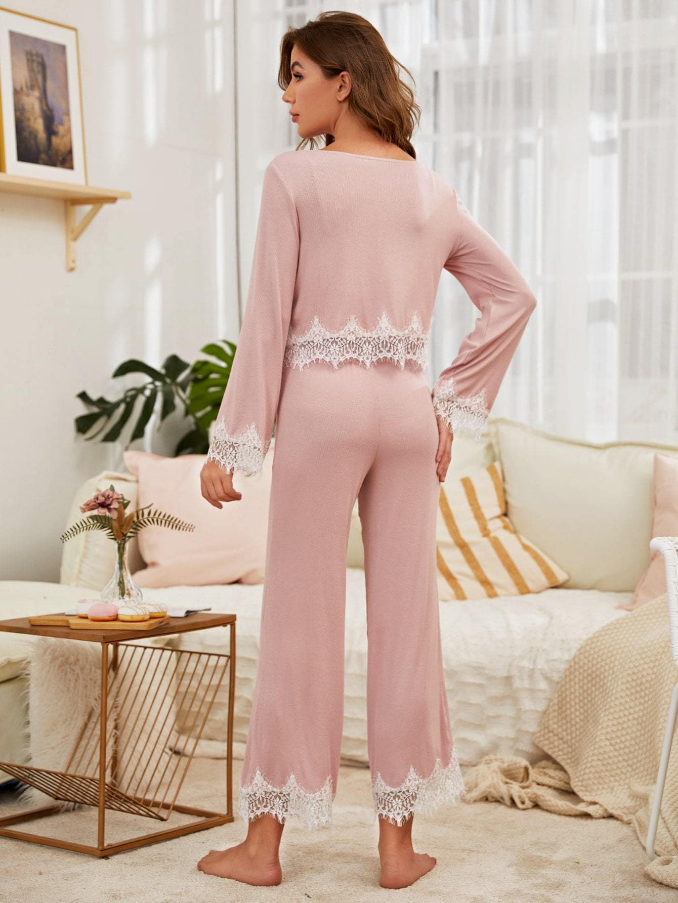 3 Pack Dusty Pink Contrast Lace Pyjama Sleepwear Set