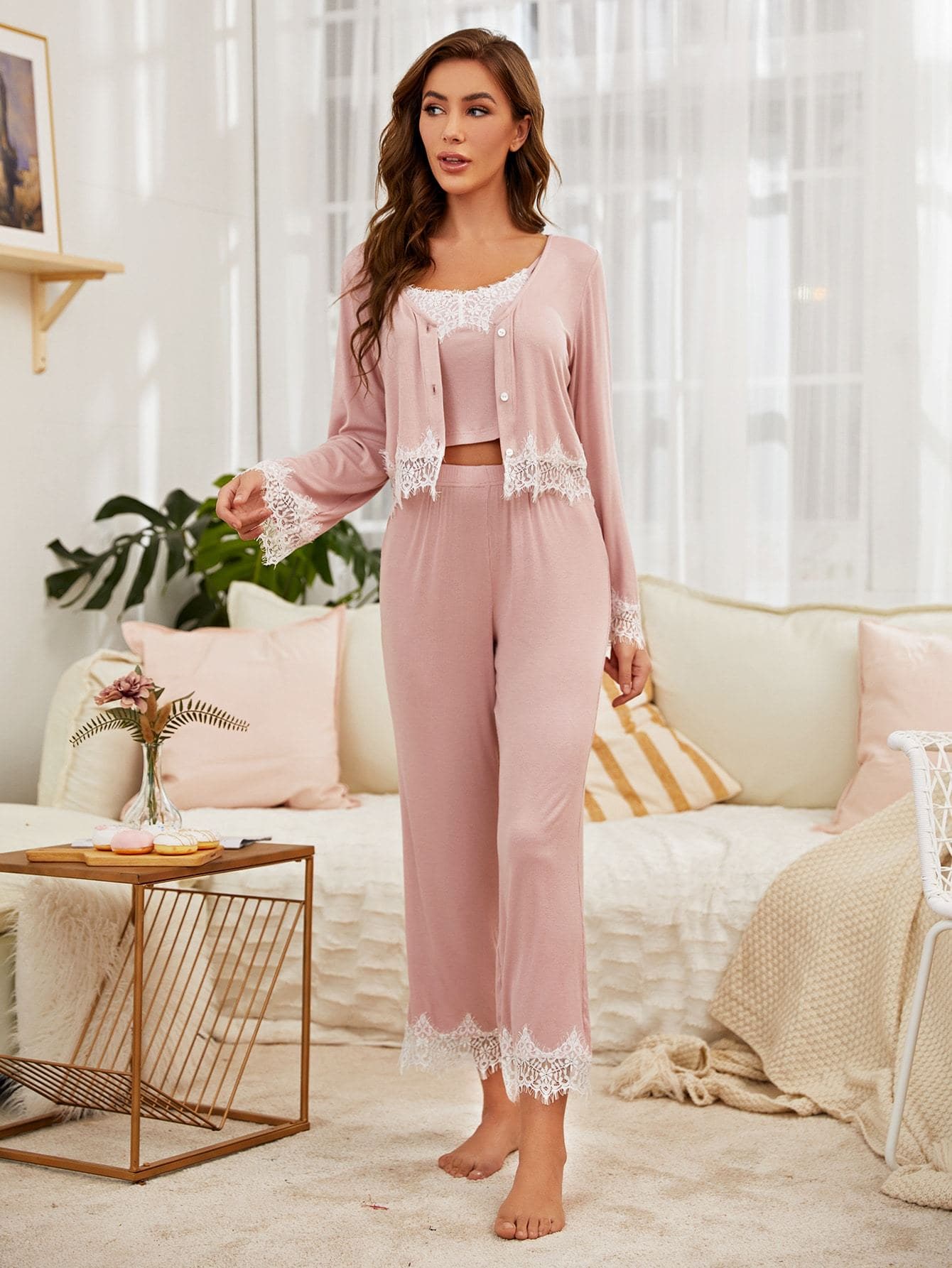 3 Pack Dusty Pink Contrast Lace Pyjama Sleepwear Set
