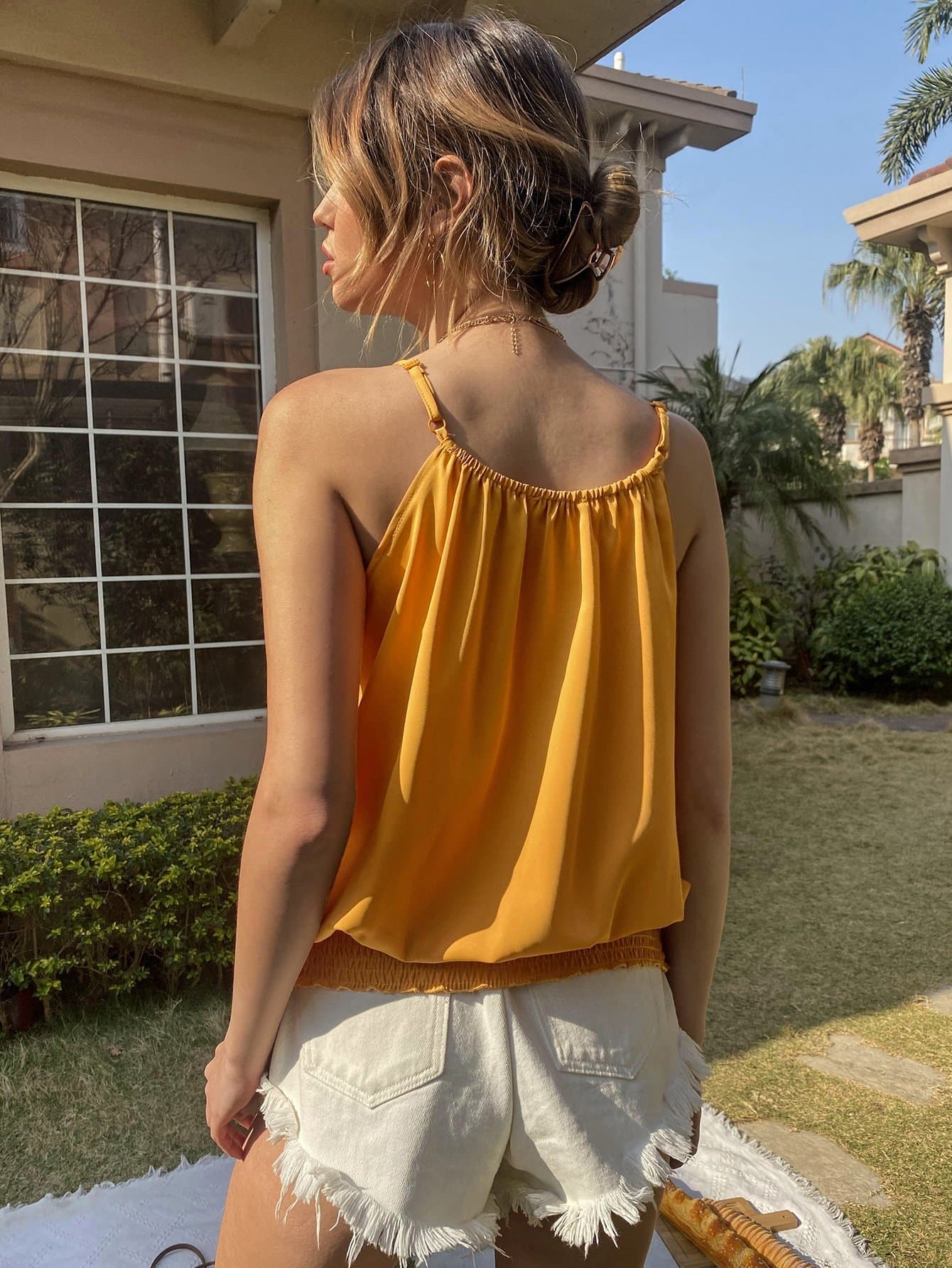 Orange Spaghetti Strap Shirred Hem Solid Cami Top
