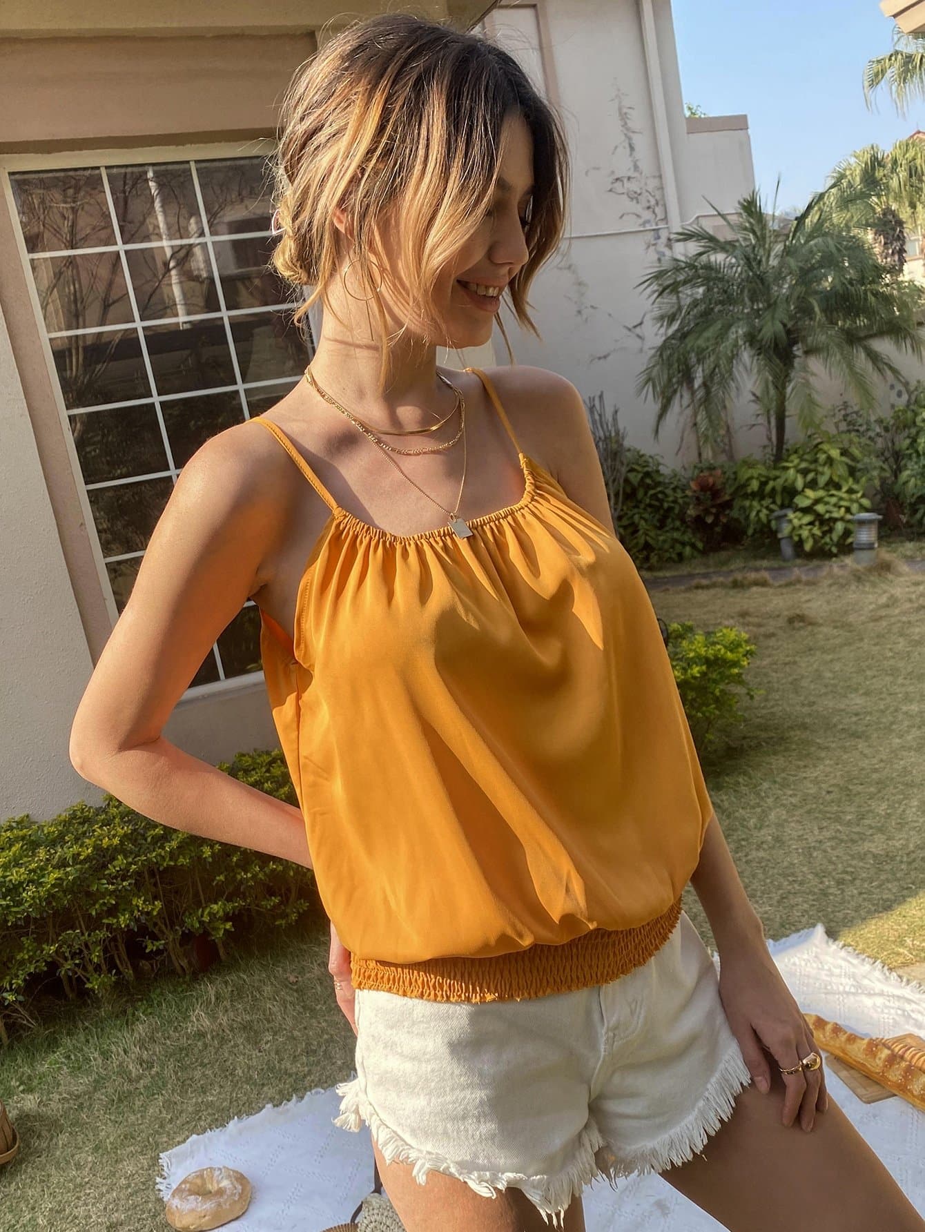 Orange Spaghetti Strap Shirred Hem Solid Cami Top