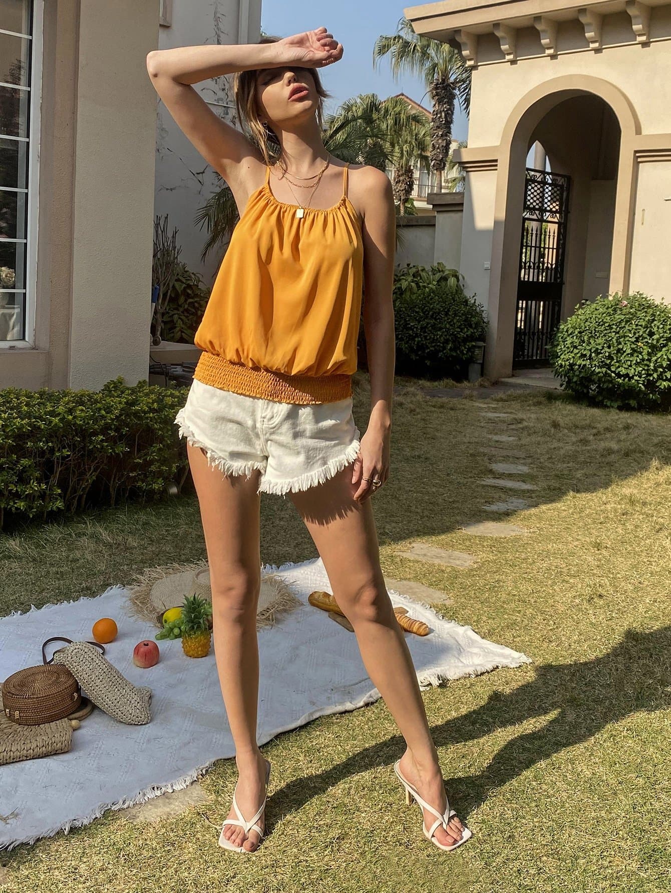 Orange Spaghetti Strap Shirred Hem Solid Cami Top