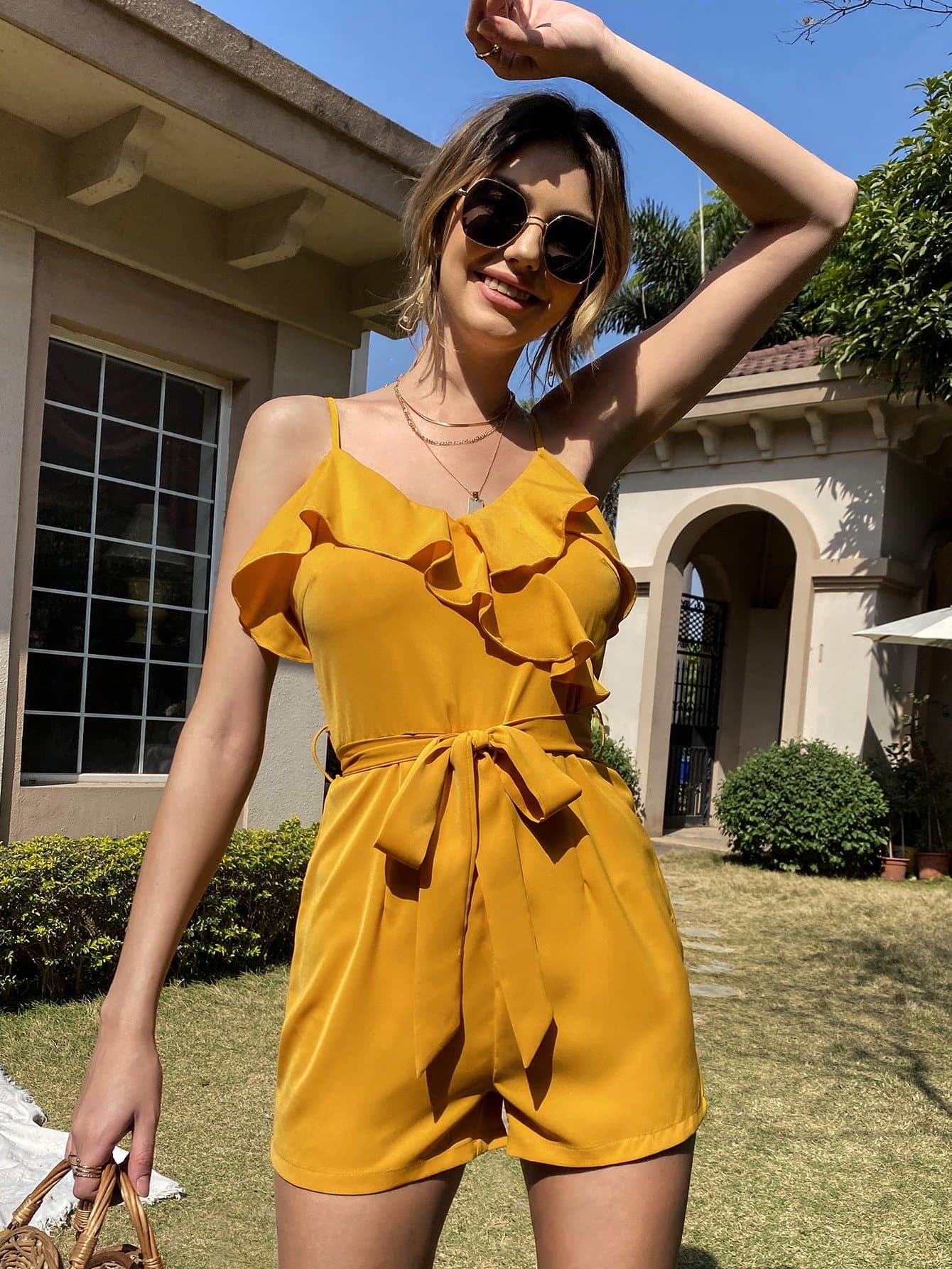 Mustard Yellow Spaghetti Strap Sleeveless Solid Ruffle Trim Belted High Waist Cami Romper