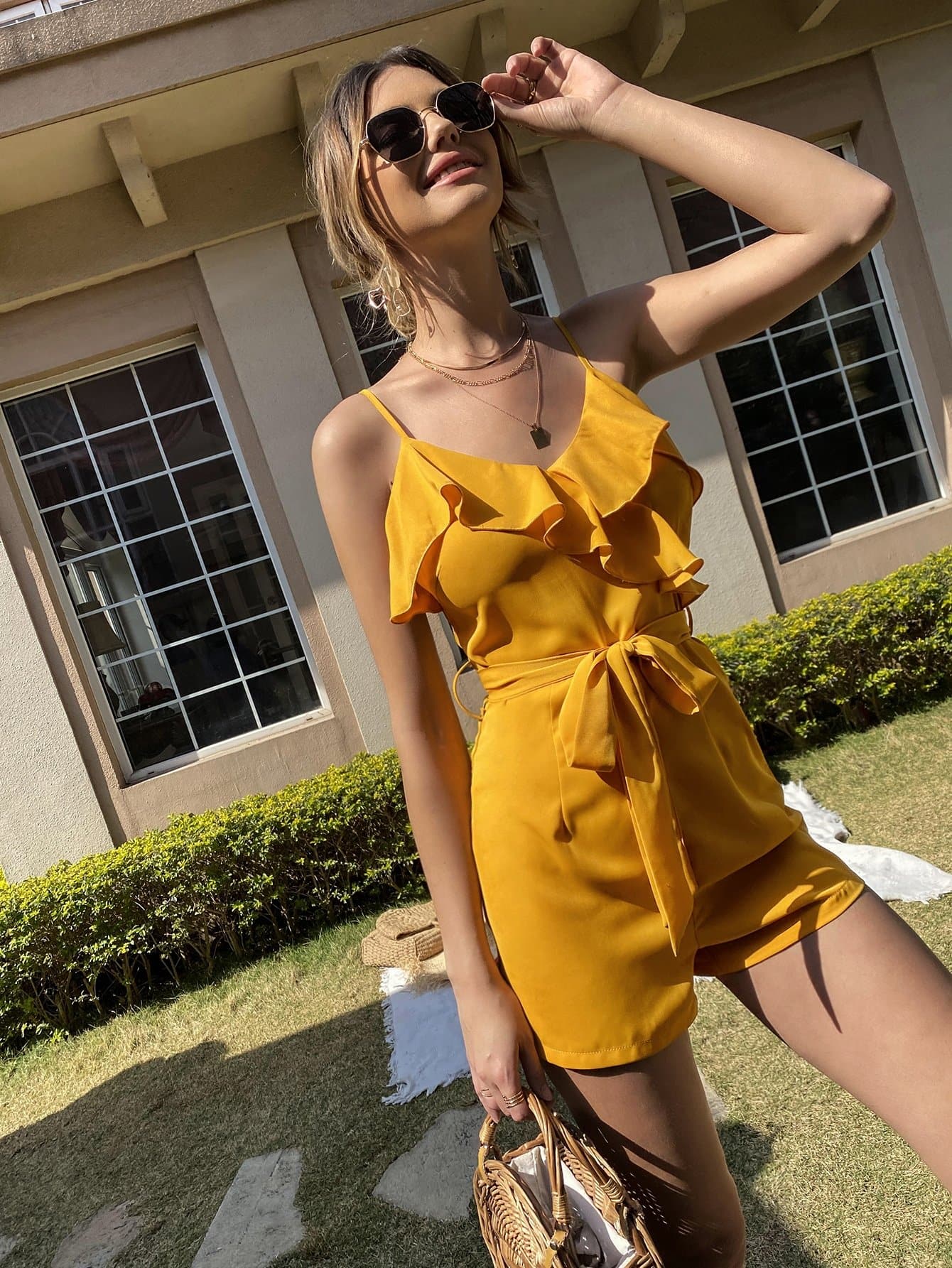 Mustard Yellow Spaghetti Strap Sleeveless Solid Ruffle Trim Belted High Waist Cami Romper