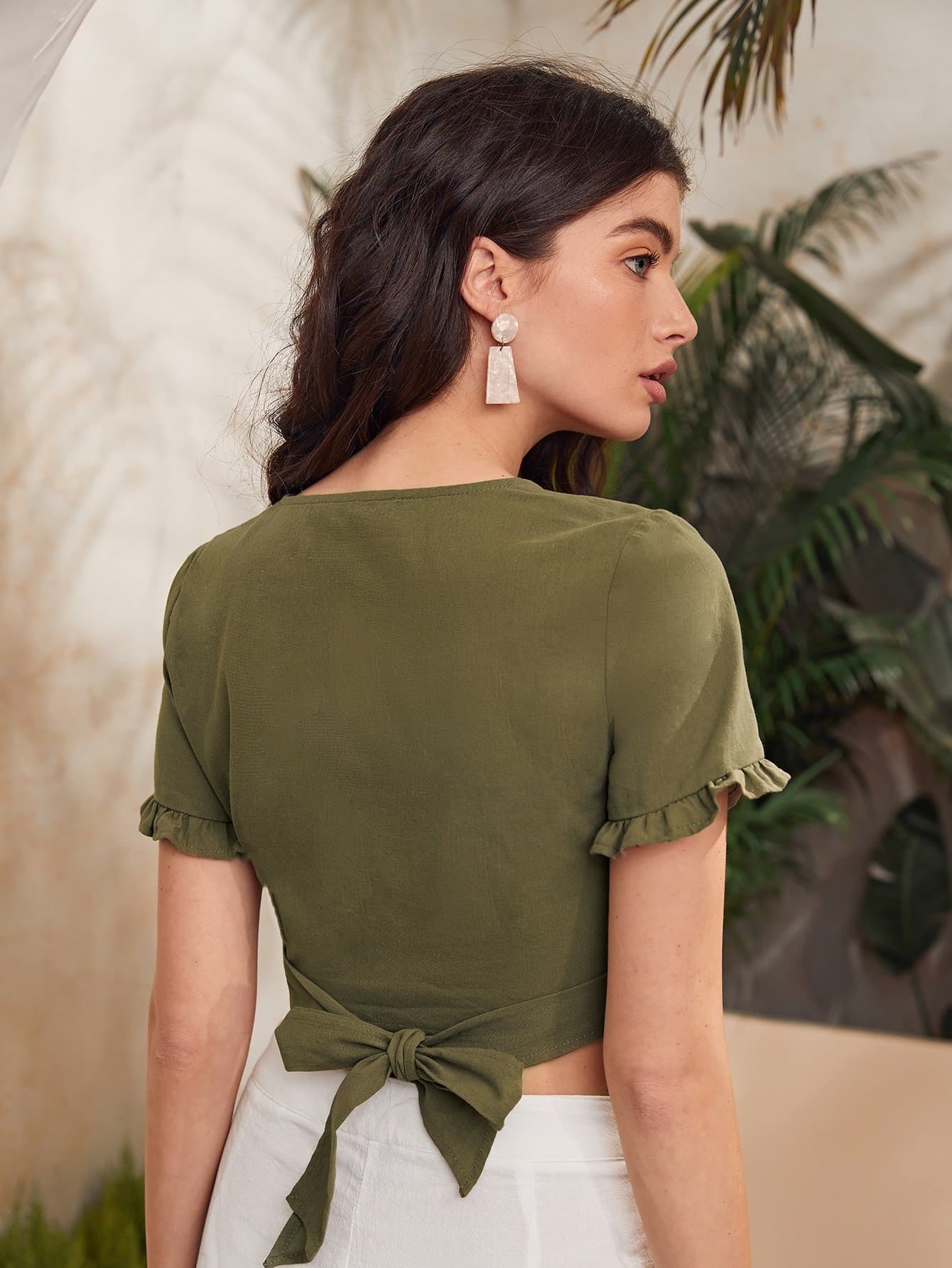 Army Green Deep V-Neck Solid Tie Back Twist Crop Top