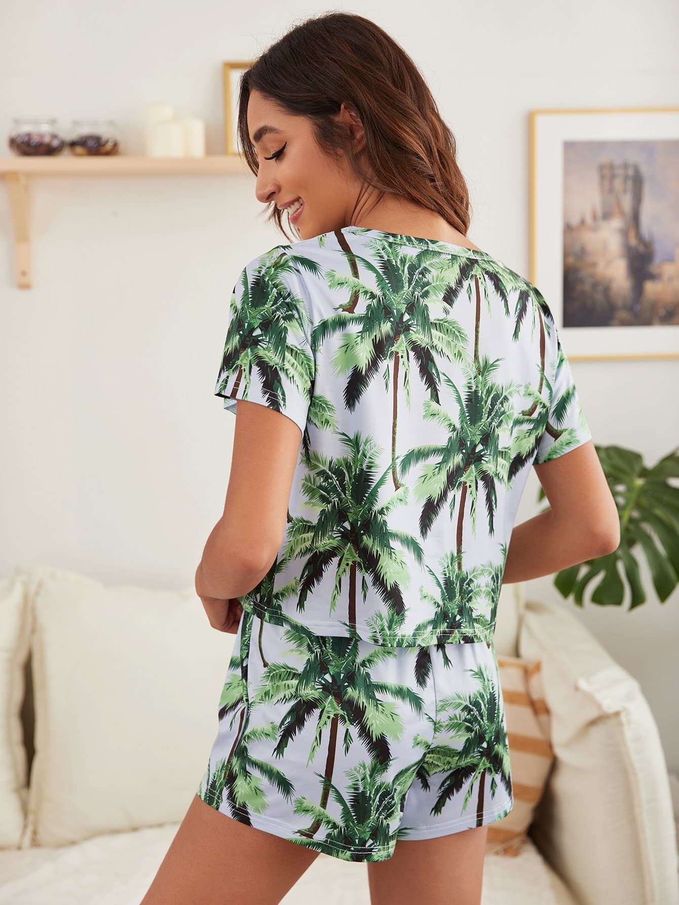 Tropical Print Round Neck Top and Shorts Pyjama Sleepwear Set