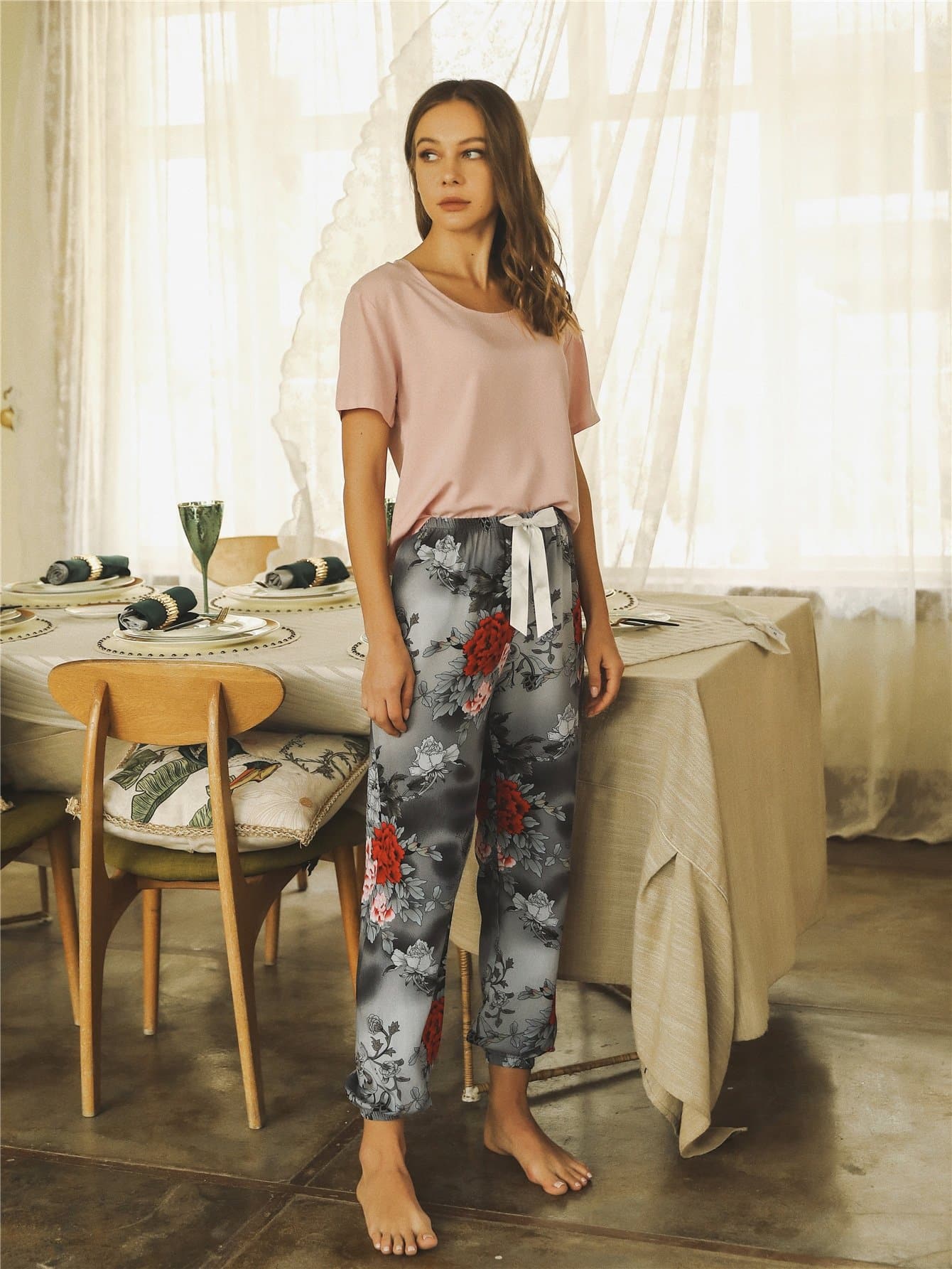 Round Neck Solid Top With Floral Print Trousers Pyjama Sleepwear Set