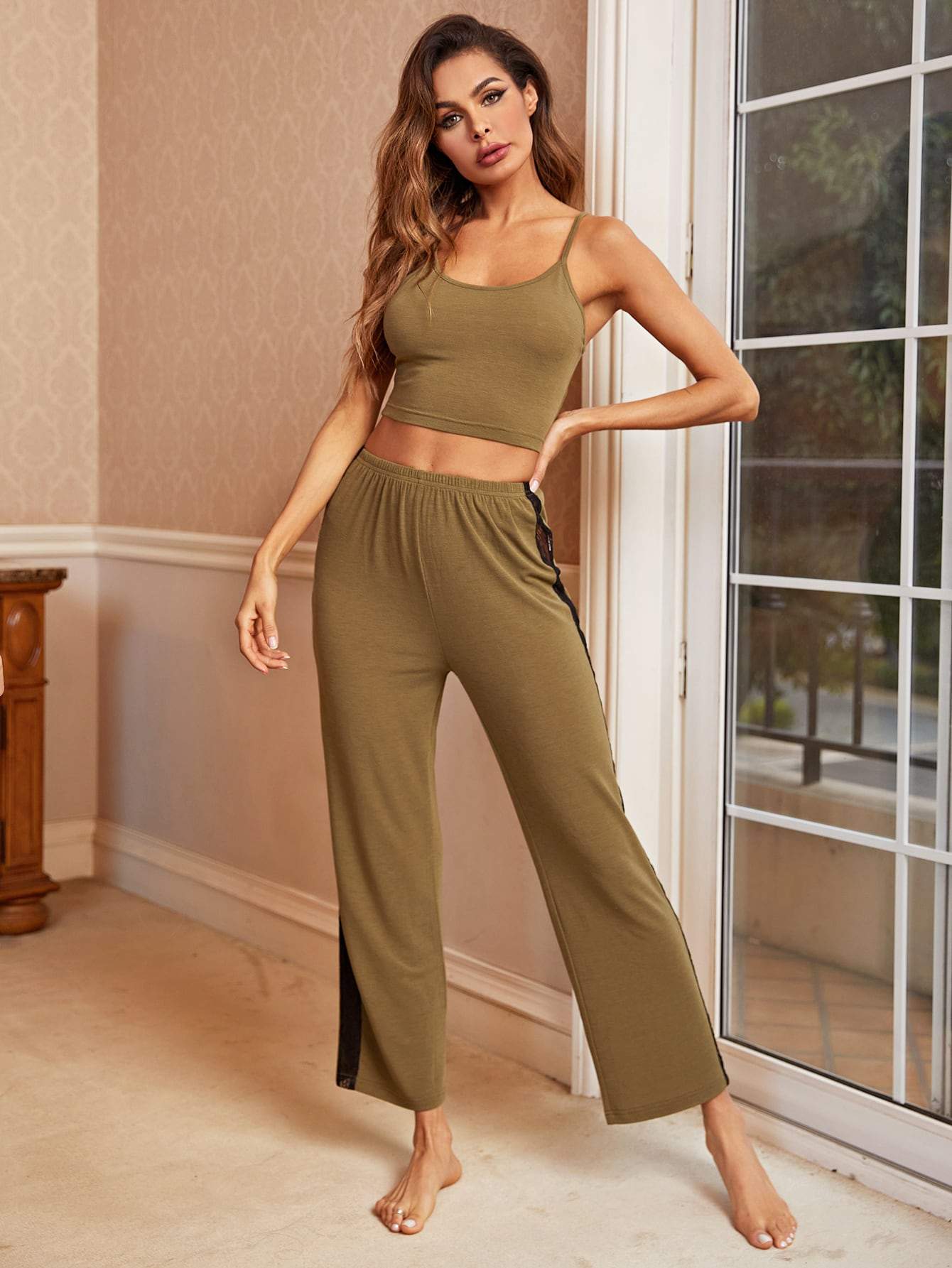 Brown Spaghetti Strap sleeveless Cami Top With Contrast Lace Trousers Pyjama Sleepwear Set