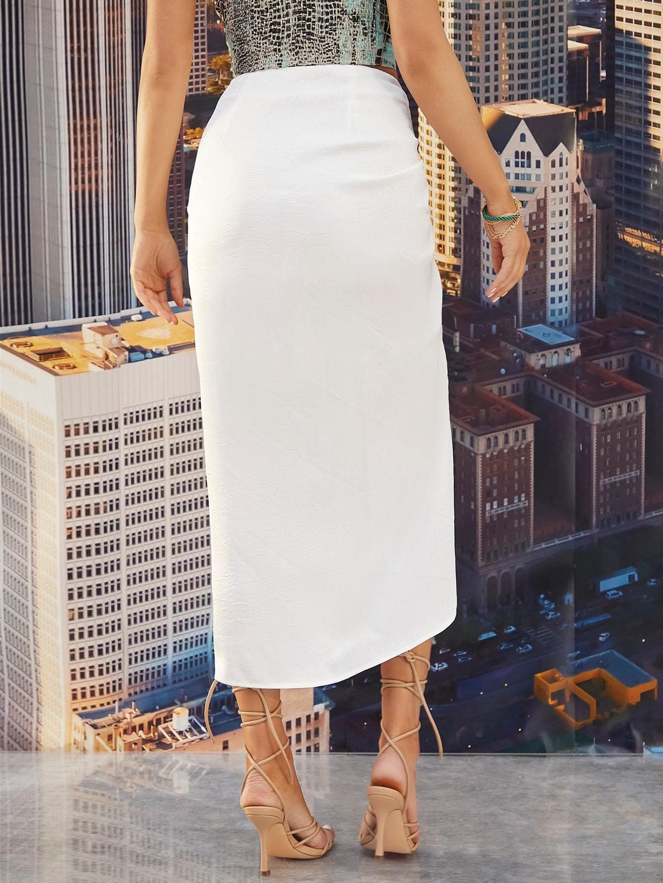 White Drawstring Split High Solid Satin Skirt