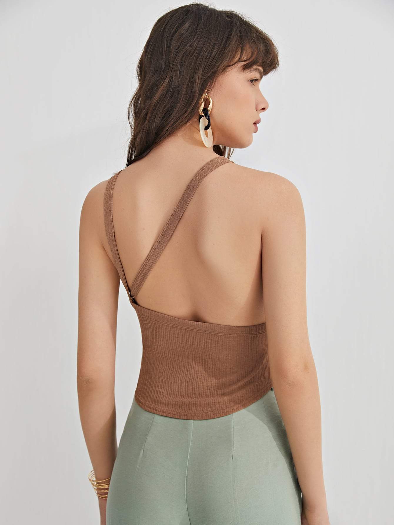 Brown Spaghetti Strap Rib-knit Backless Slim Fit Cami Top