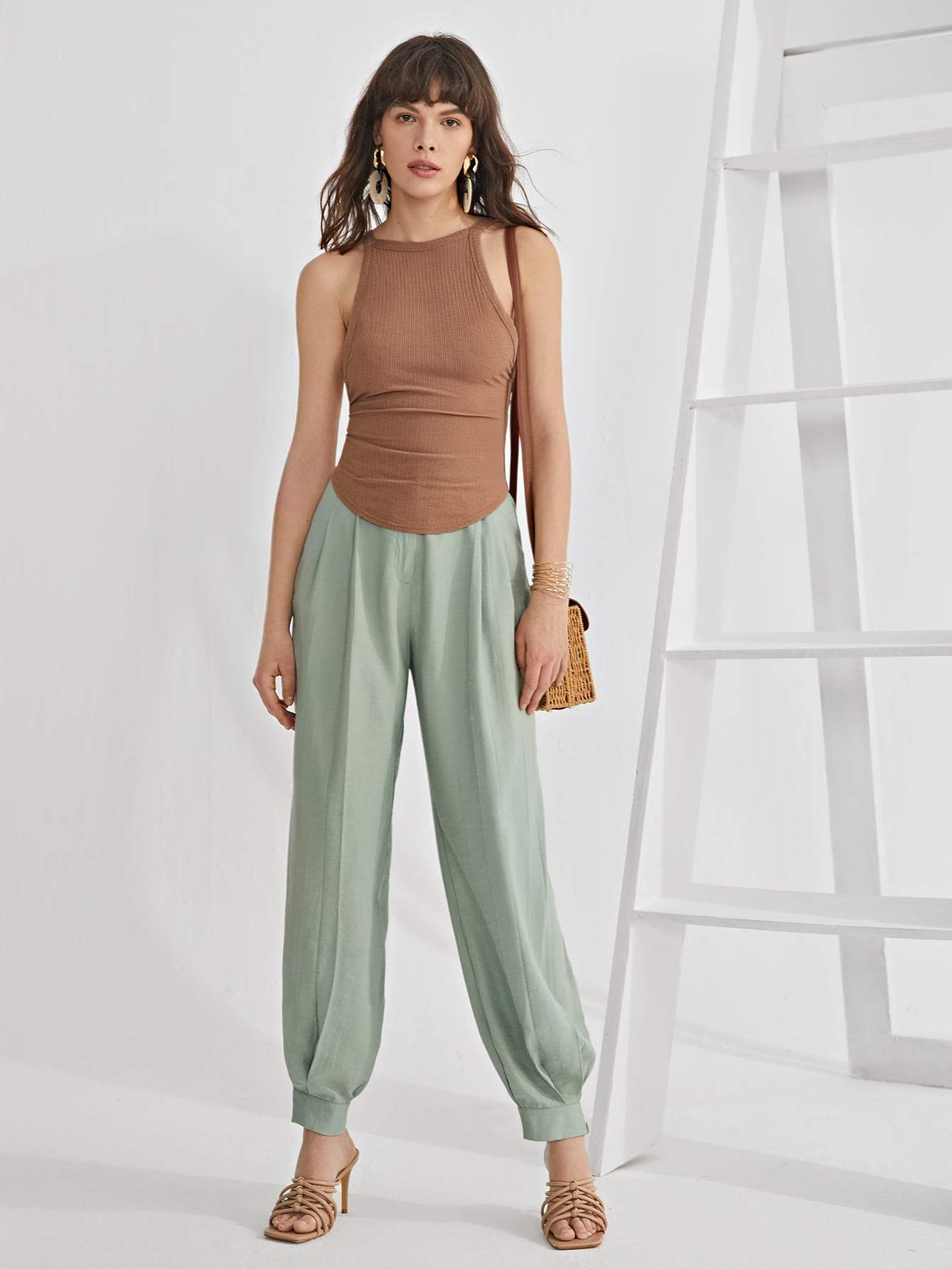 Brown Spaghetti Strap Rib-knit Backless Slim Fit Cami Top