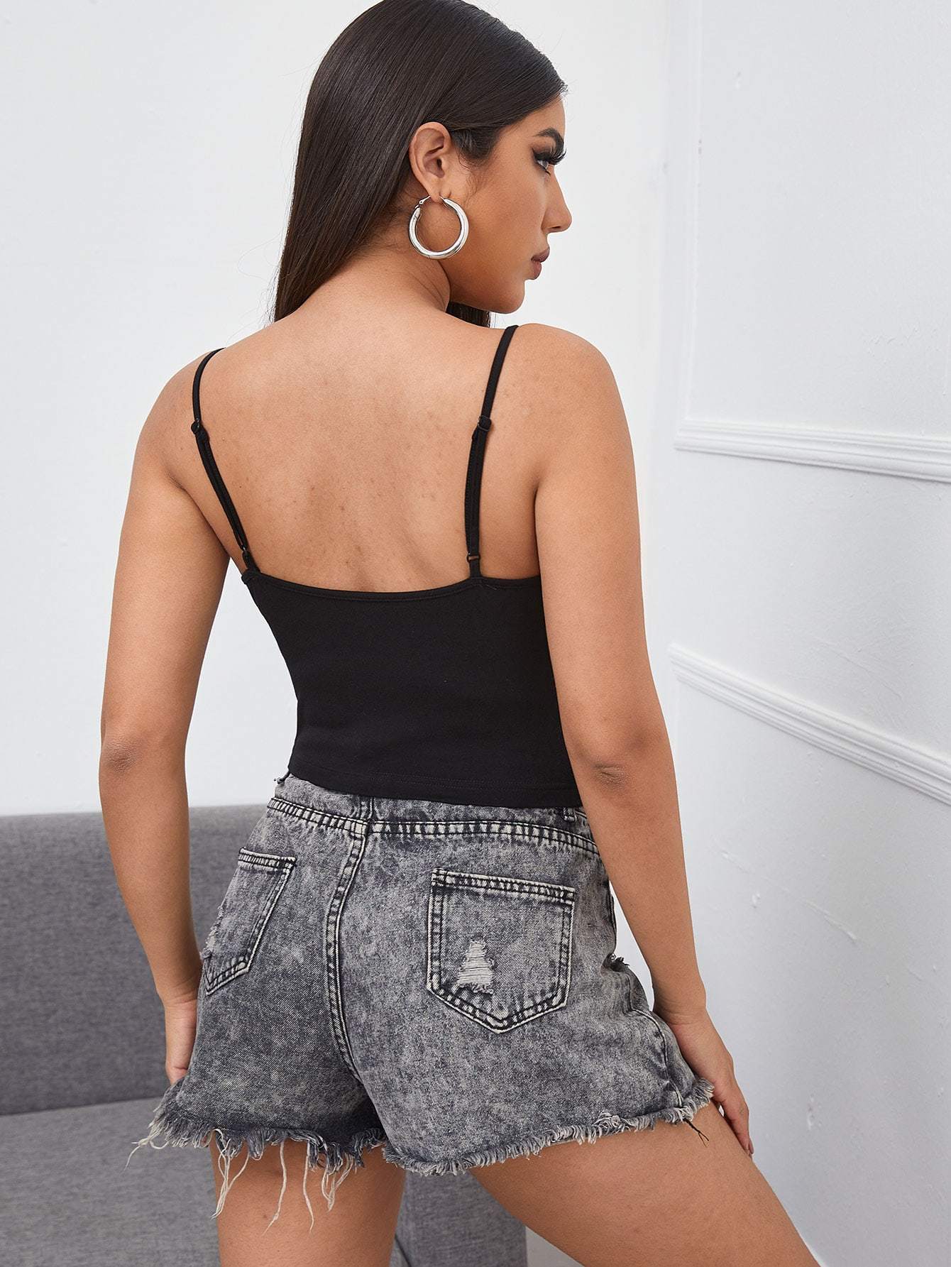 Black Ruched Bust Sleeveless Spaghetti Strap Slim Fit Cami Top