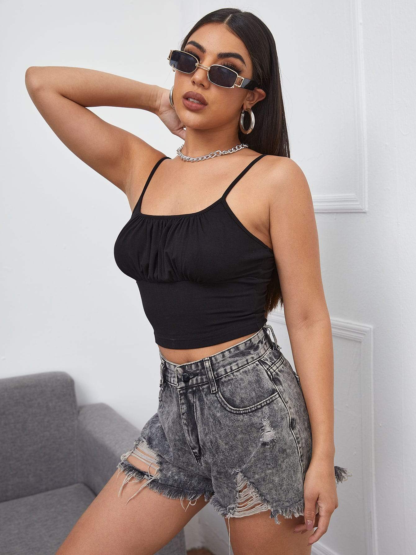 Black Ruched Bust Sleeveless Spaghetti Strap Slim Fit Cami Top