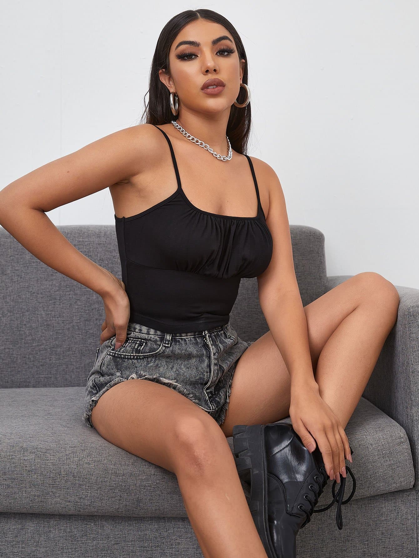 Black Ruched Bust Sleeveless Spaghetti Strap Slim Fit Cami Top