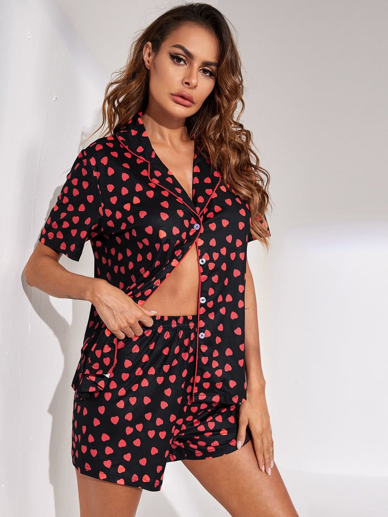 Allover Heart Print Contrast Binding Button Front Pyjama Sleepwear Set