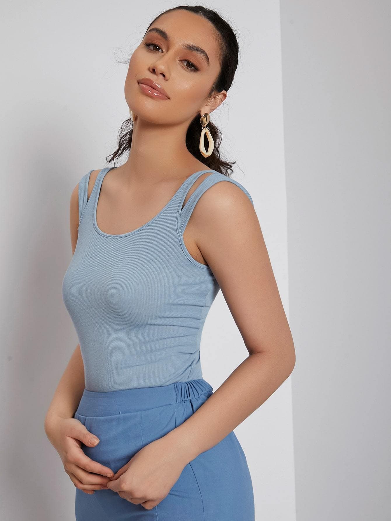 Dusty Blue Backless Sleeveless Cut Out Detail Tank Top
