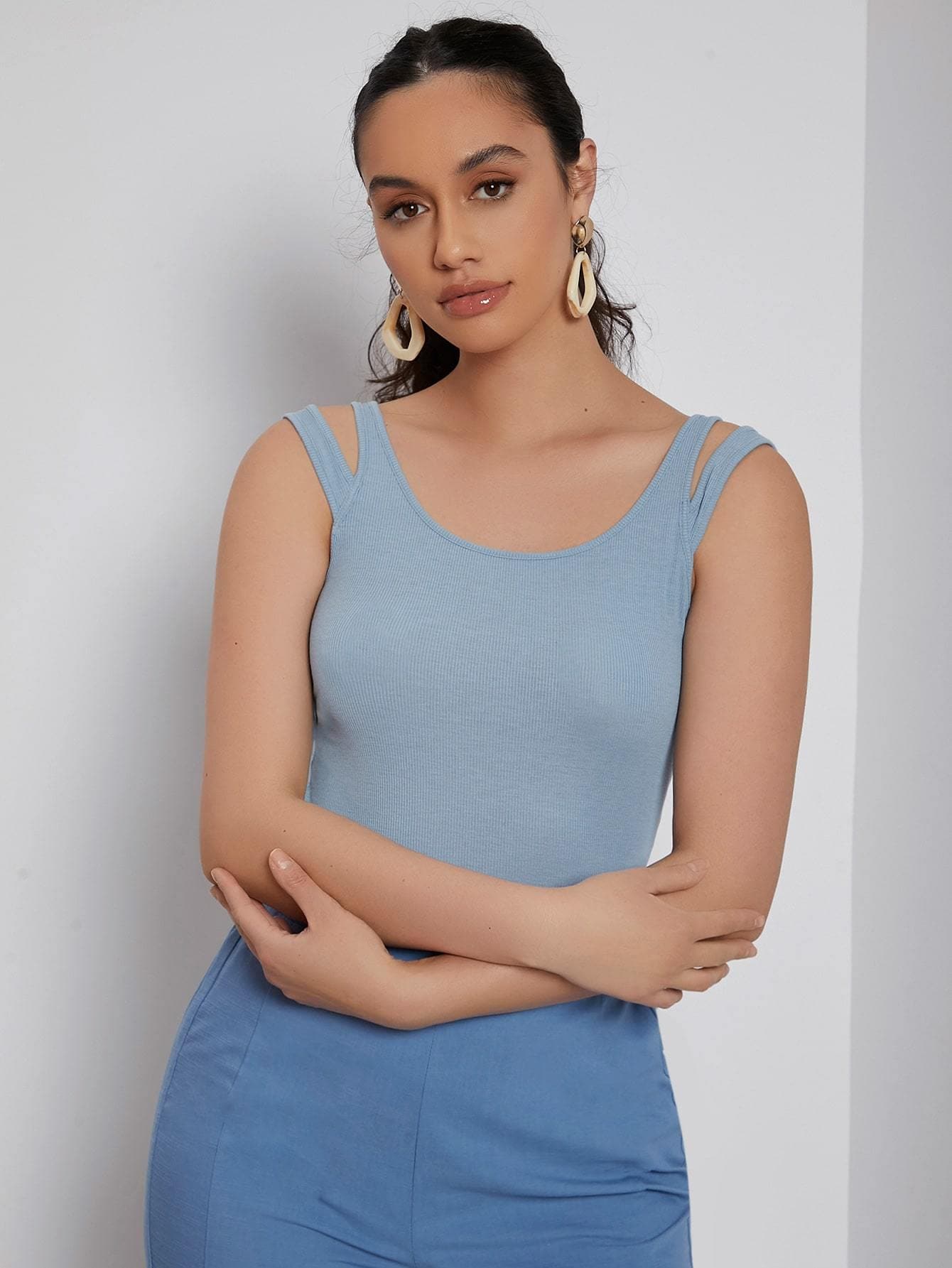 Dusty Blue Backless Sleeveless Cut Out Detail Tank Top