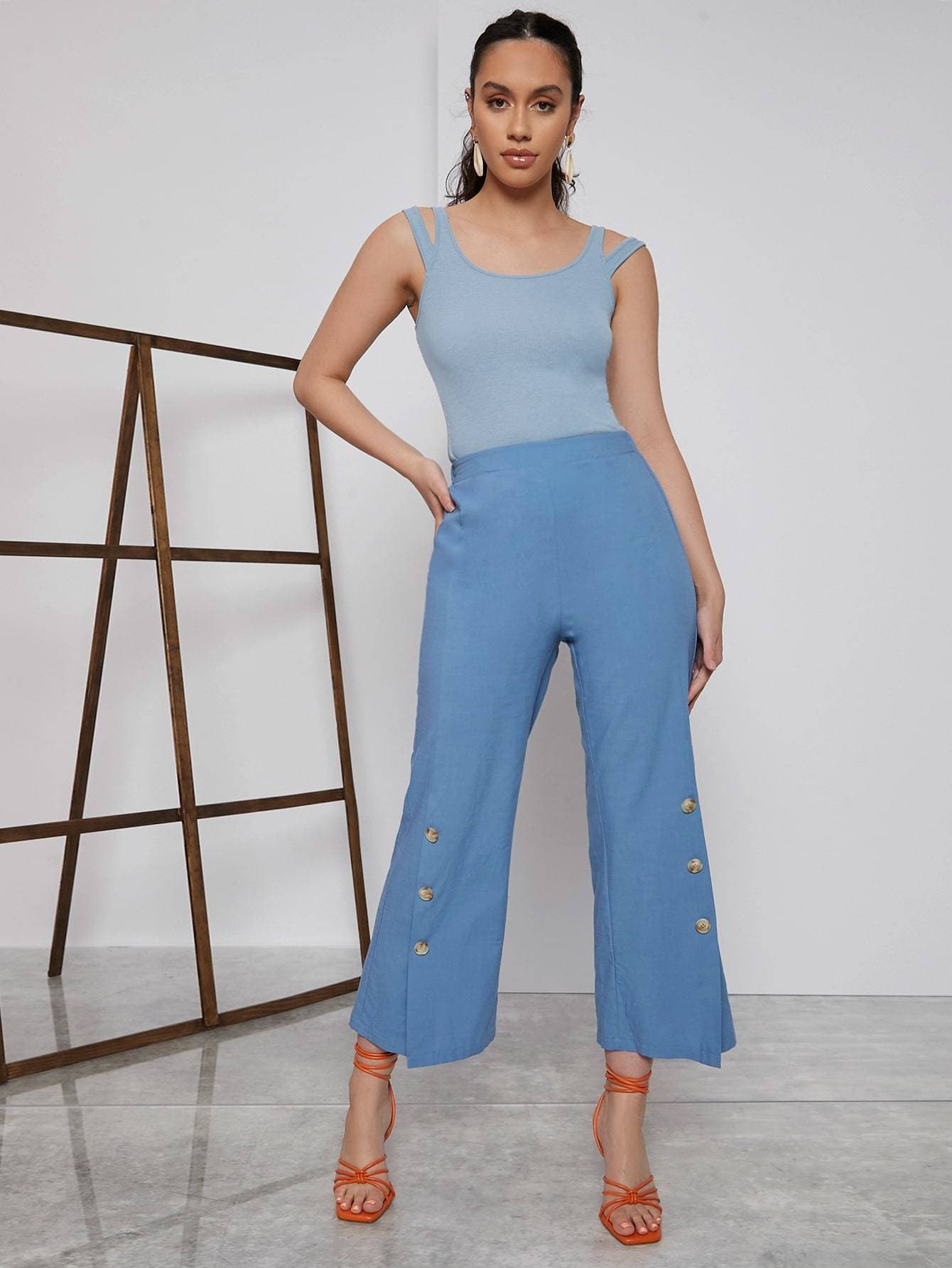 Dusty Blue Backless Sleeveless Cut Out Detail Tank Top