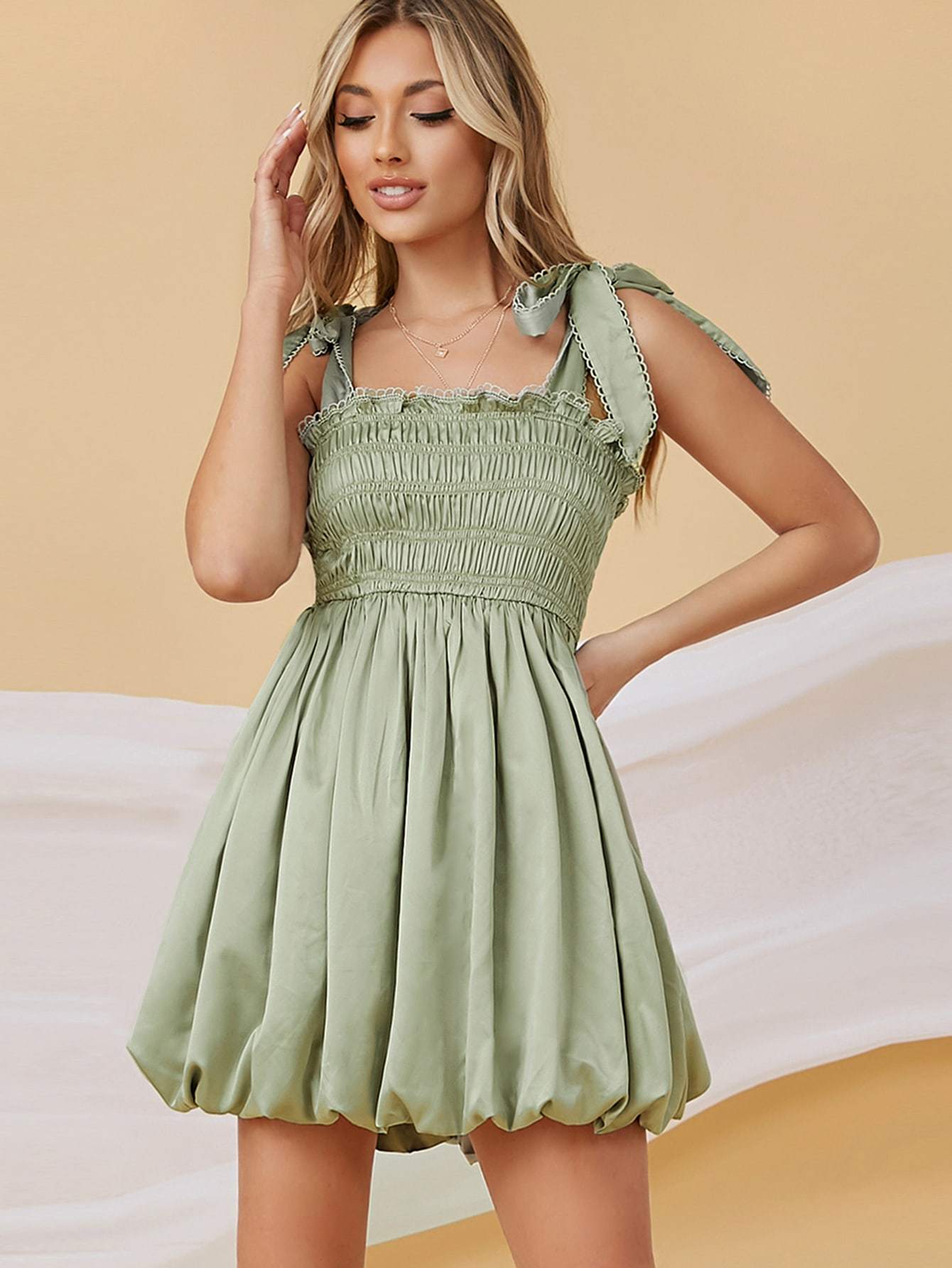 Mint Green Sleeveless Satin Smocked Picot Self-Tie Cami Mini Dress