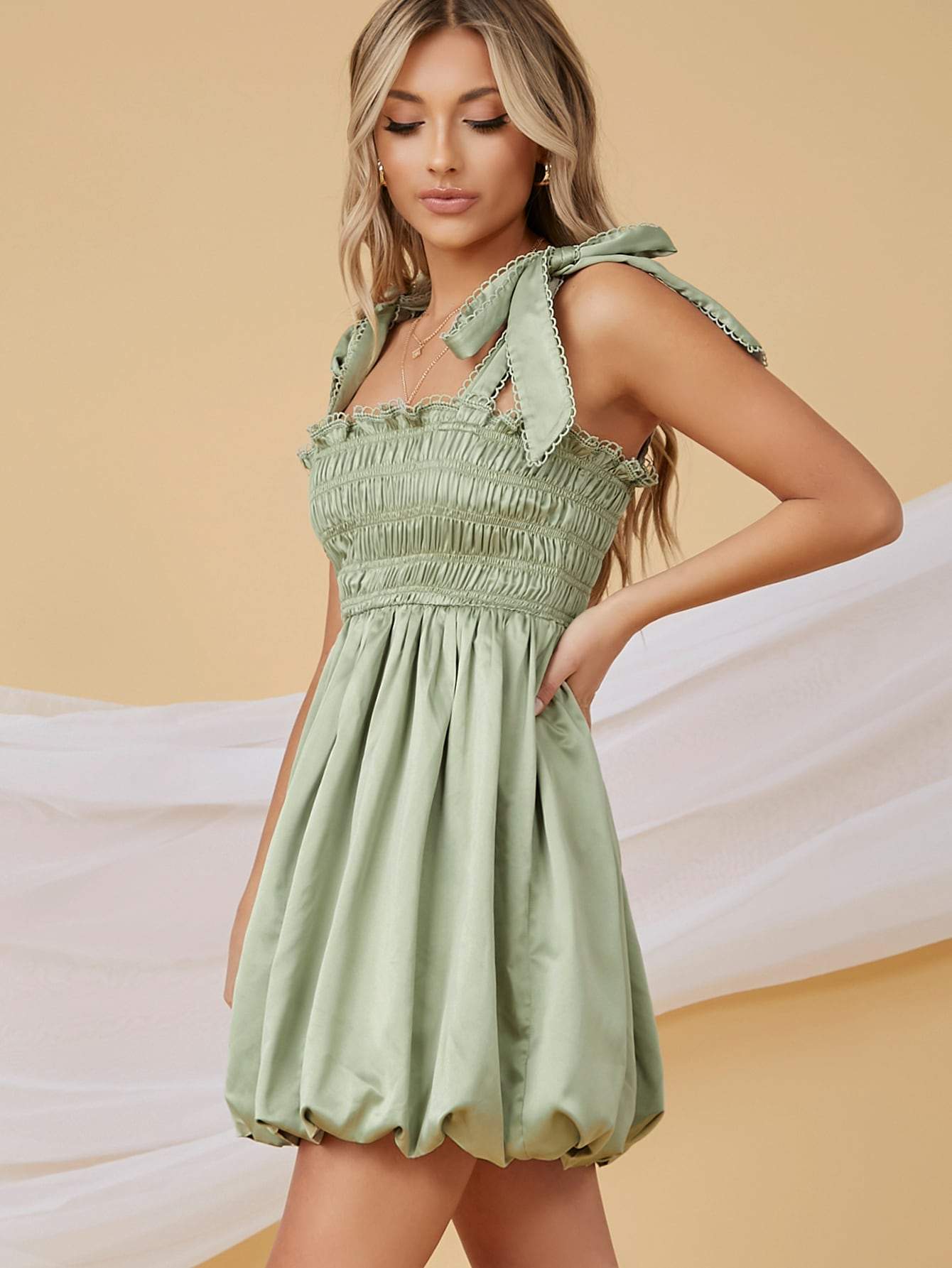 Mint Green Sleeveless Satin Smocked Picot Self-Tie Cami Mini Dress