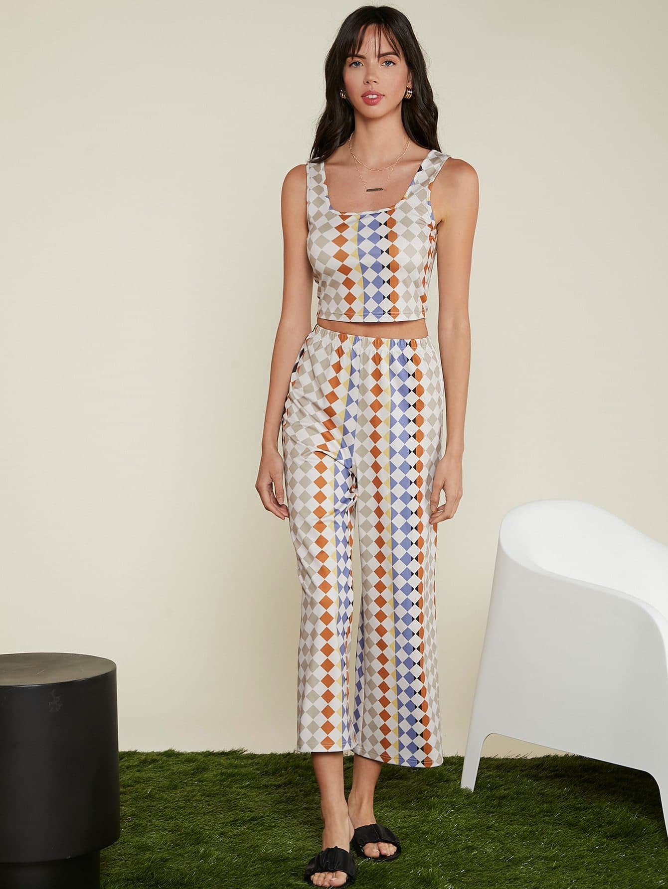 Scoop Neck Argyle Print Sleeveless Tank Top and Pants Set