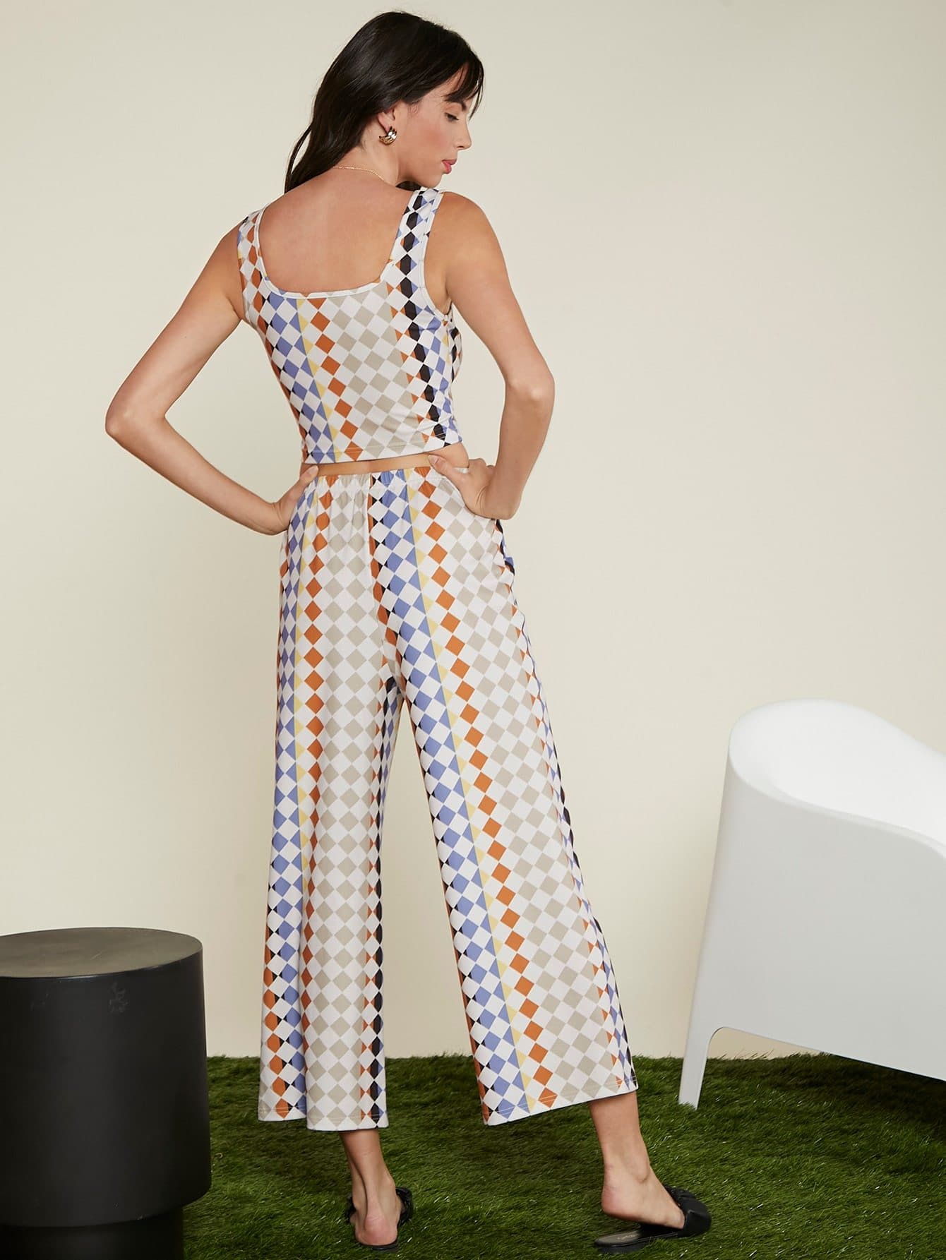 Scoop Neck Argyle Print Sleeveless Tank Top and Pants Set