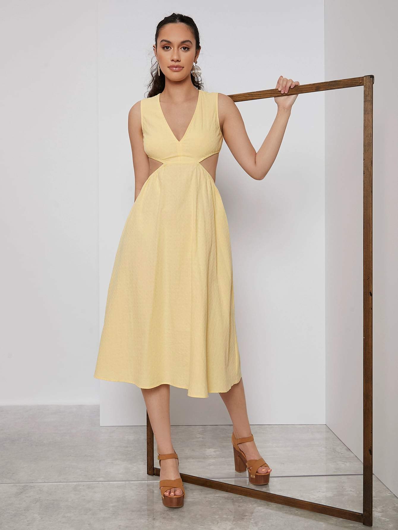 Pastel Yellow Sleeveless Deep V-Neck Cutout Waist Solid Dress