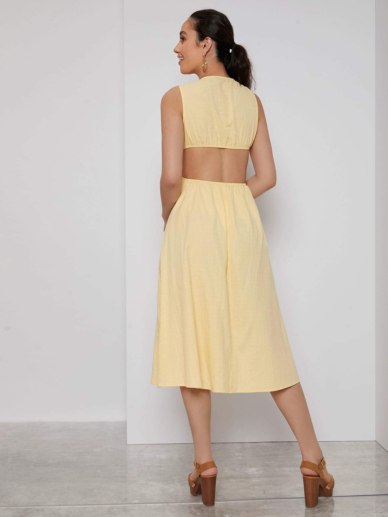 Pastel Yellow Sleeveless Deep V-Neck Cutout Waist Solid Dress