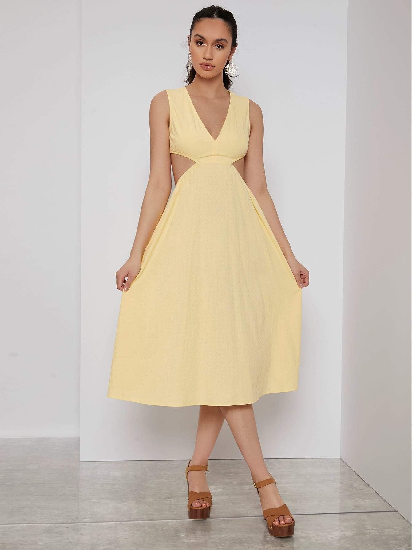 Pastel Yellow Sleeveless Deep V-Neck Cutout Waist Solid Dress