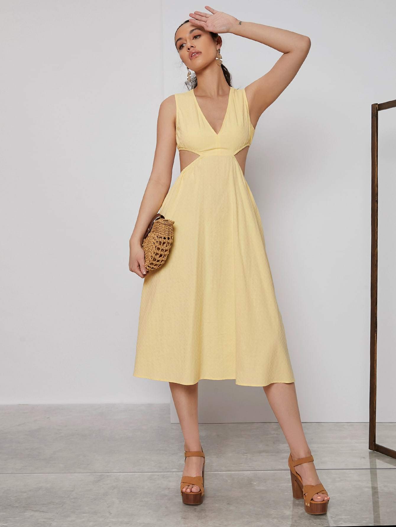 Pastel Yellow Sleeveless Deep V-Neck Cutout Waist Solid Dress